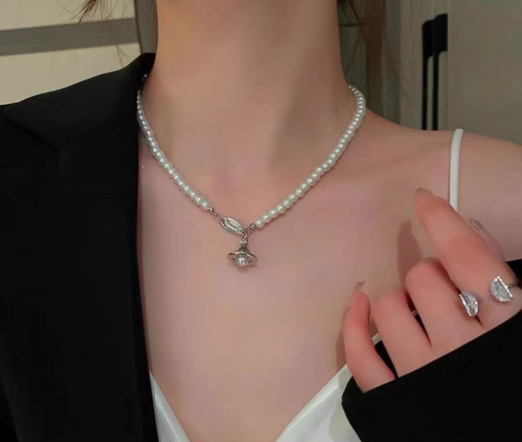 Vivienne Westwood Enamel Saturn Pearl Necklace - Original Replica Club