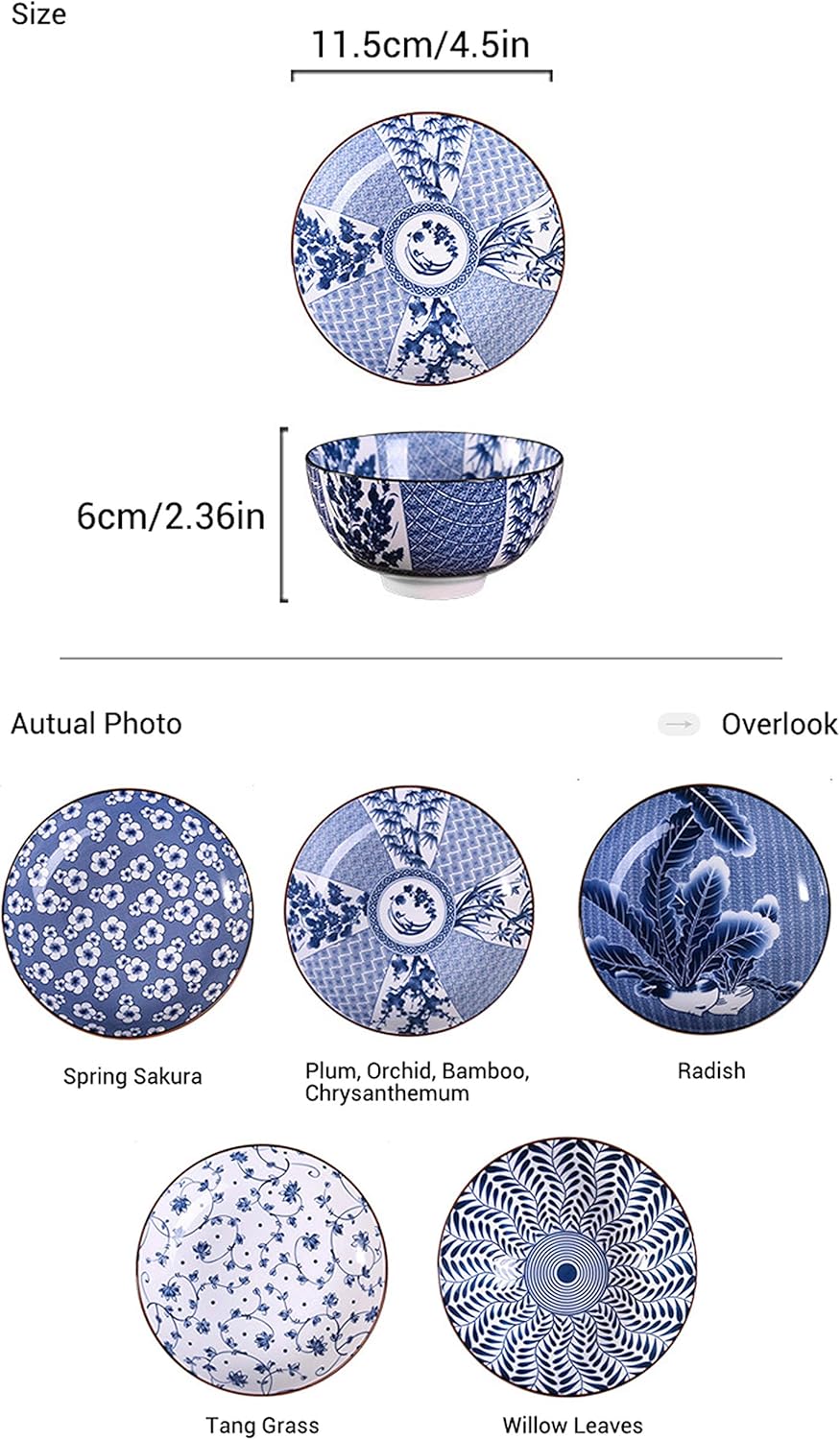Gegong 6 Pack Ceramic Bowls, Japanese Style , 10 Ounces Thickening Blue and white porcelain Rice /Cereal Bowls for Kitchen, Suitable for microwave, ovens, dishwashers (mixing)