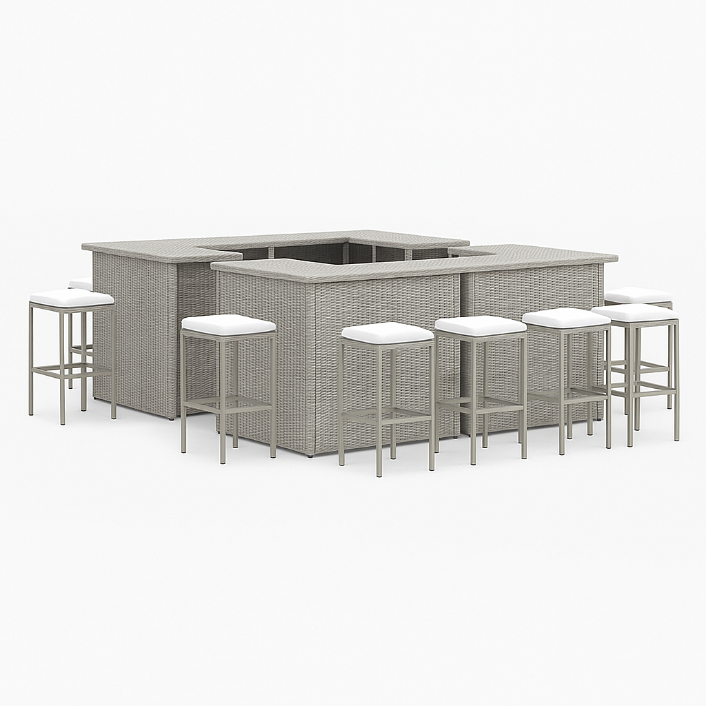 Bar de jardín, conjunto de taburetes en forma de U, 8 taburetes, gris claro