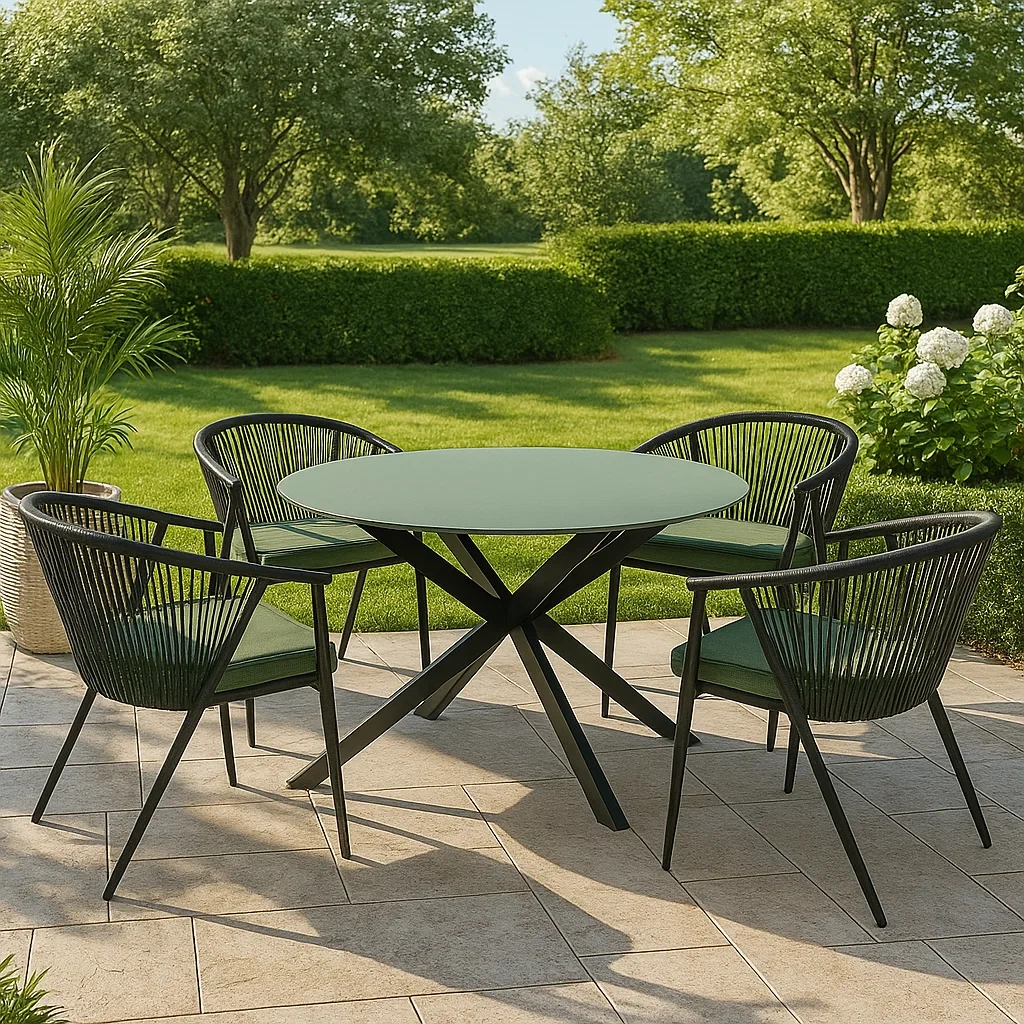 Conjunto de comedor de jardín redondo, 4 plazas, estructura metálica negra, sillas con asiento verde - ntavAqa180Vw