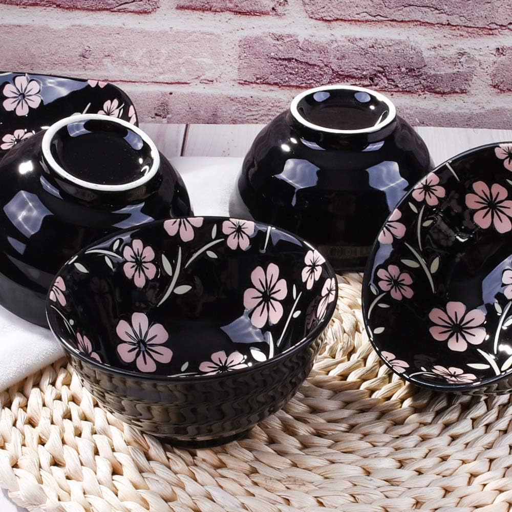Japanese Style Rice Bowl Set of 4 Ceramic Cereal Bowls for Soup Snack Oat (4, Black Sakura)