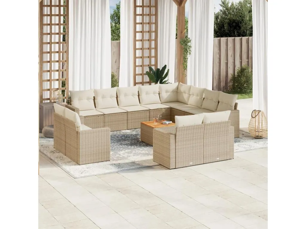 Set sofás de jardín con cojines 13 pzas ratán sintético beige