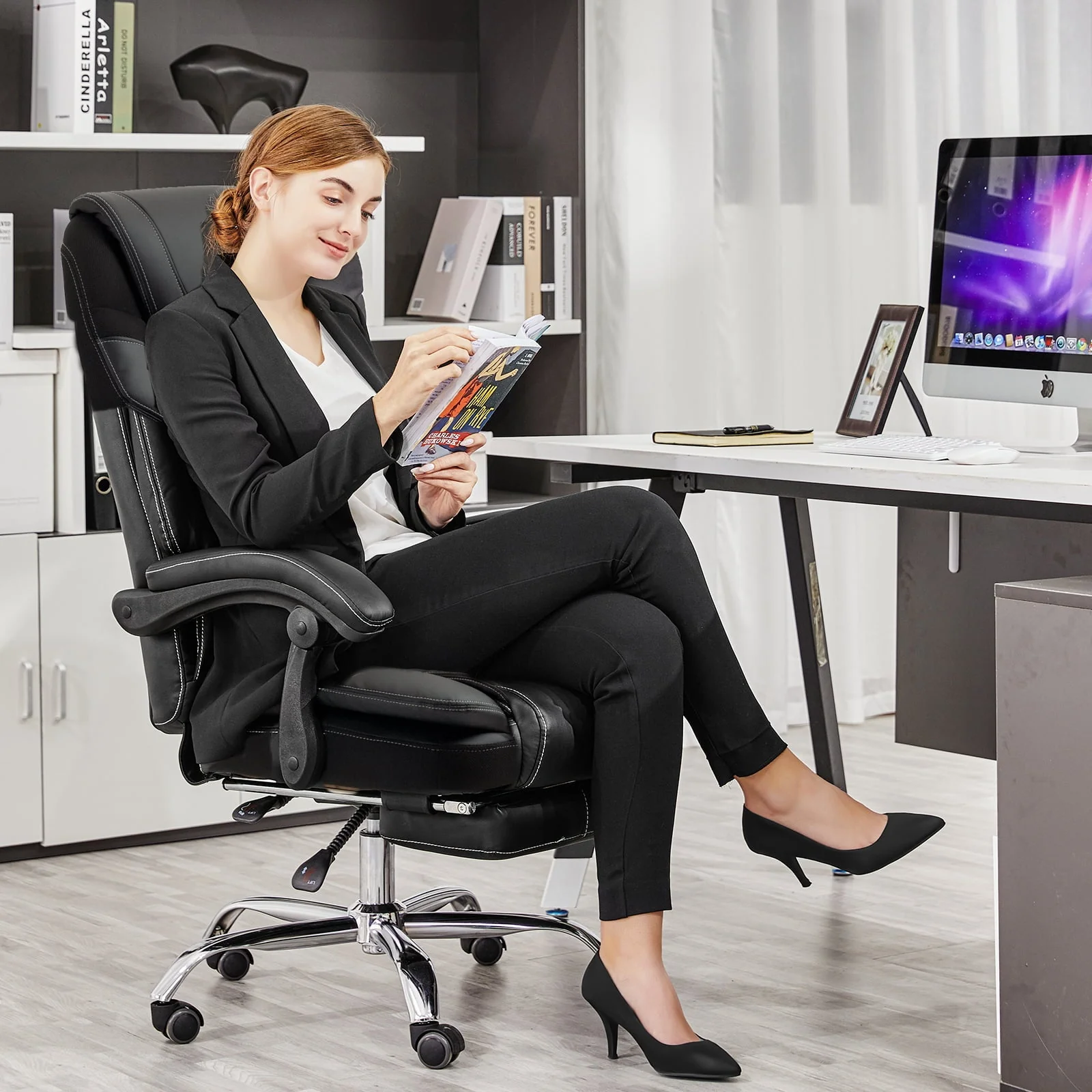 Massage Office Chair, Reclining Office Chair with Footrest, Ergonomic Office Chair with Lumbar Support, High Back Executive Office Chair, Height and Armrest Adjustable, 300lb Capacity - Image 2