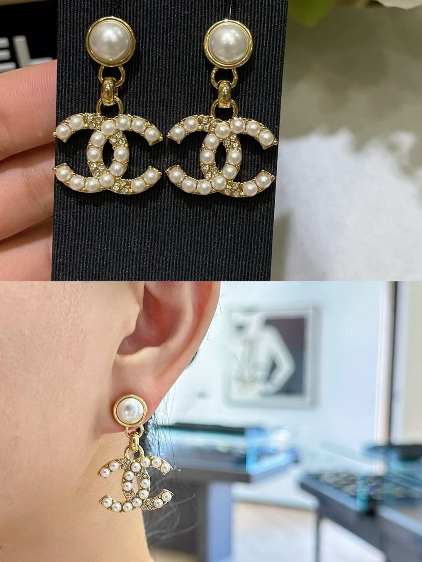 Chanel Pearl Paved Double C Earrings - Original Replica Club