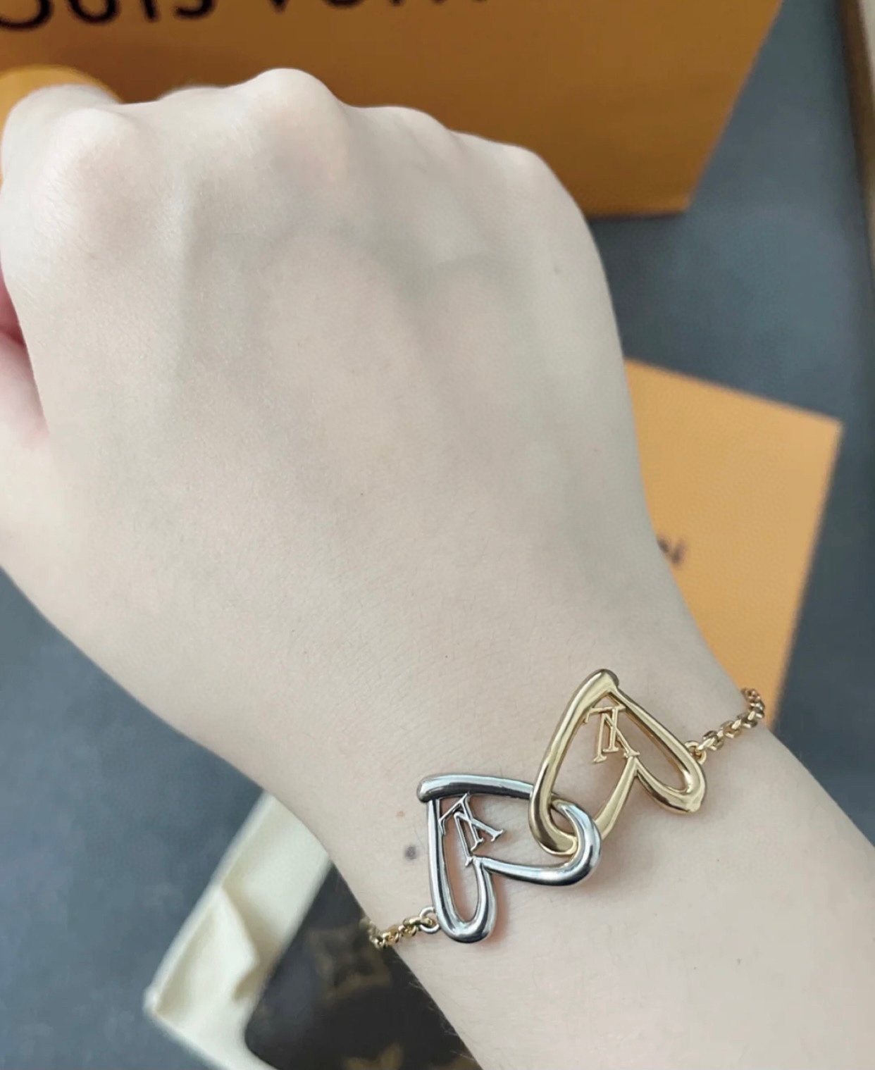 Louis Vuitton Hollow Silver Gold Double Interlocking Hearts Bracelet - Original Replica Club