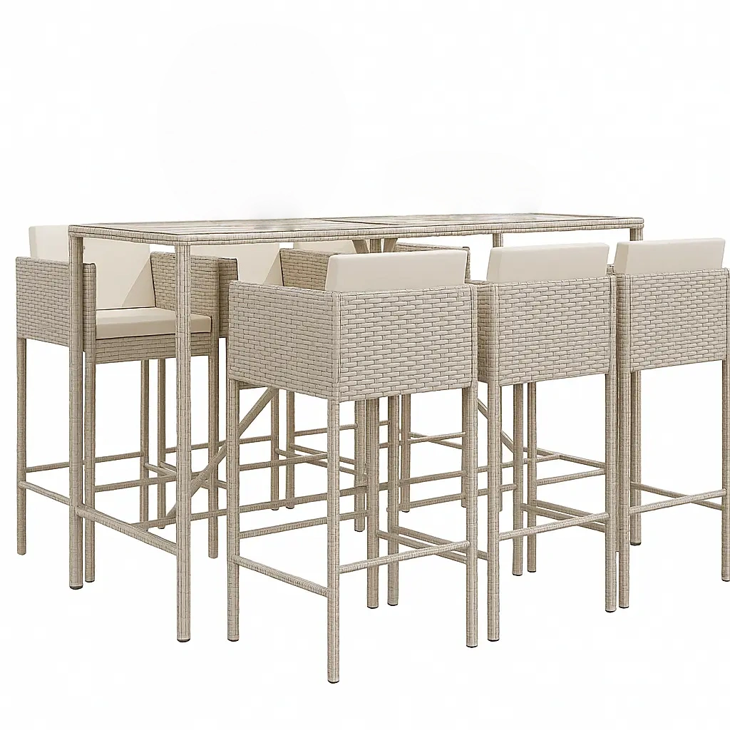 Barra de jardín para exteriores con una mesa alta y seis taburetes, color beige.