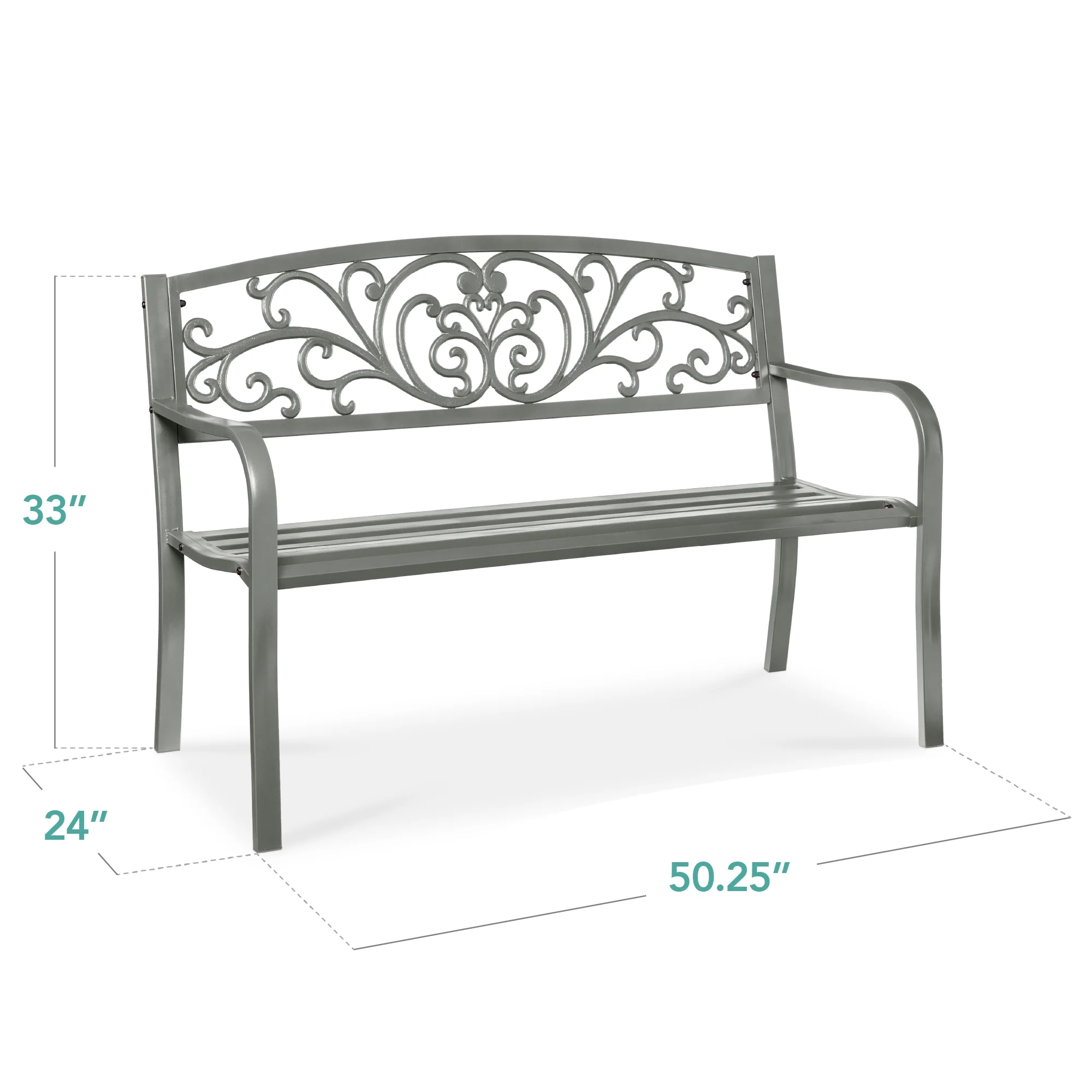 Best Choice Products Outdoor Steel Bench Garden Patio Porch Furniture W/ Floral Design Backrest - Black