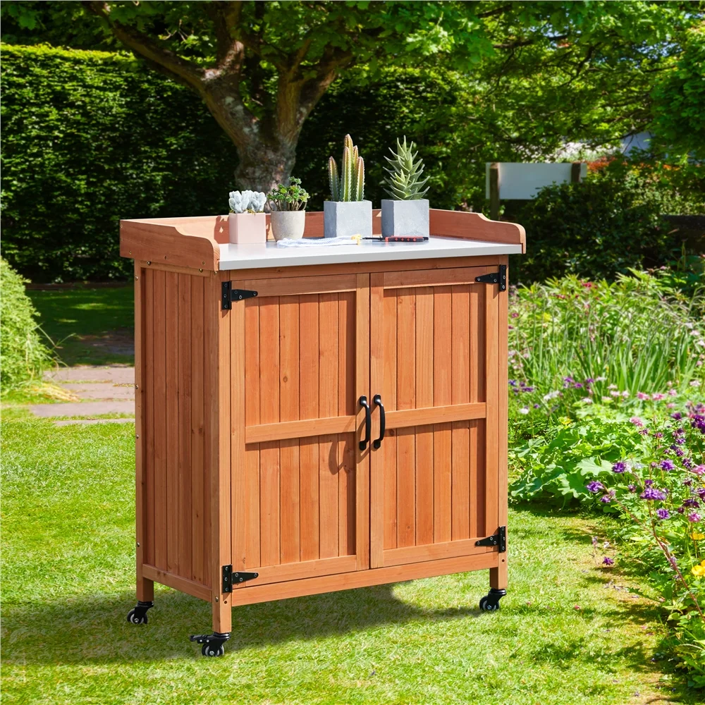 Renwick Garden Potting Bench Table with Cabinet, Brown - Image 4