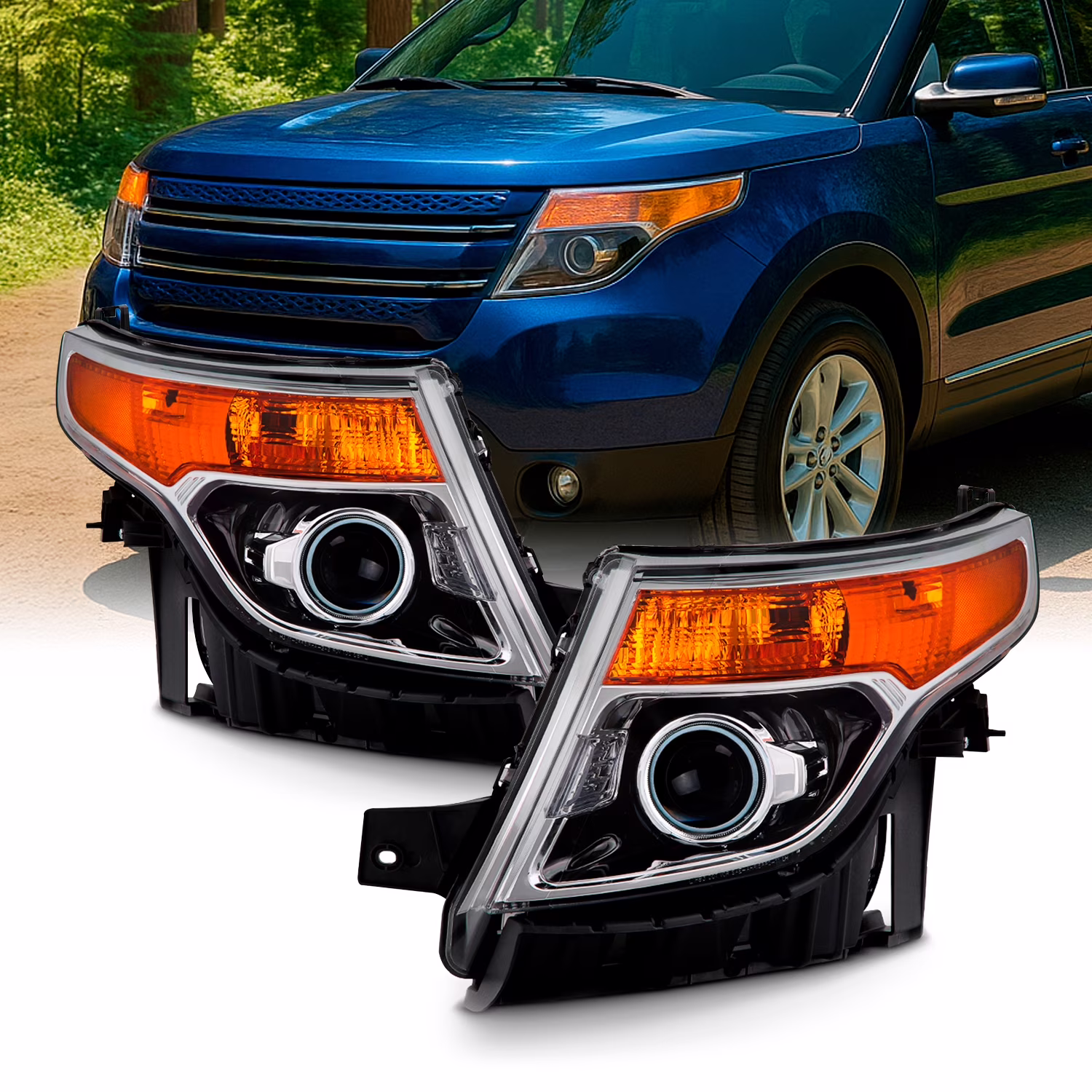 AKKON - for 2011 - 15 Ford Explorer Driver + Passenger Projector Headlight Assembly Chrome Housing Clear Lens Full Set(5_HD-JH-FEXP11-OE-L)