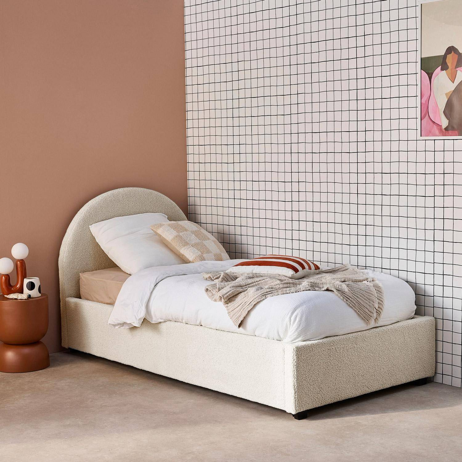 Cameron - Cama con somier abatible y cabecero 90x190cm, acabado en borreguito