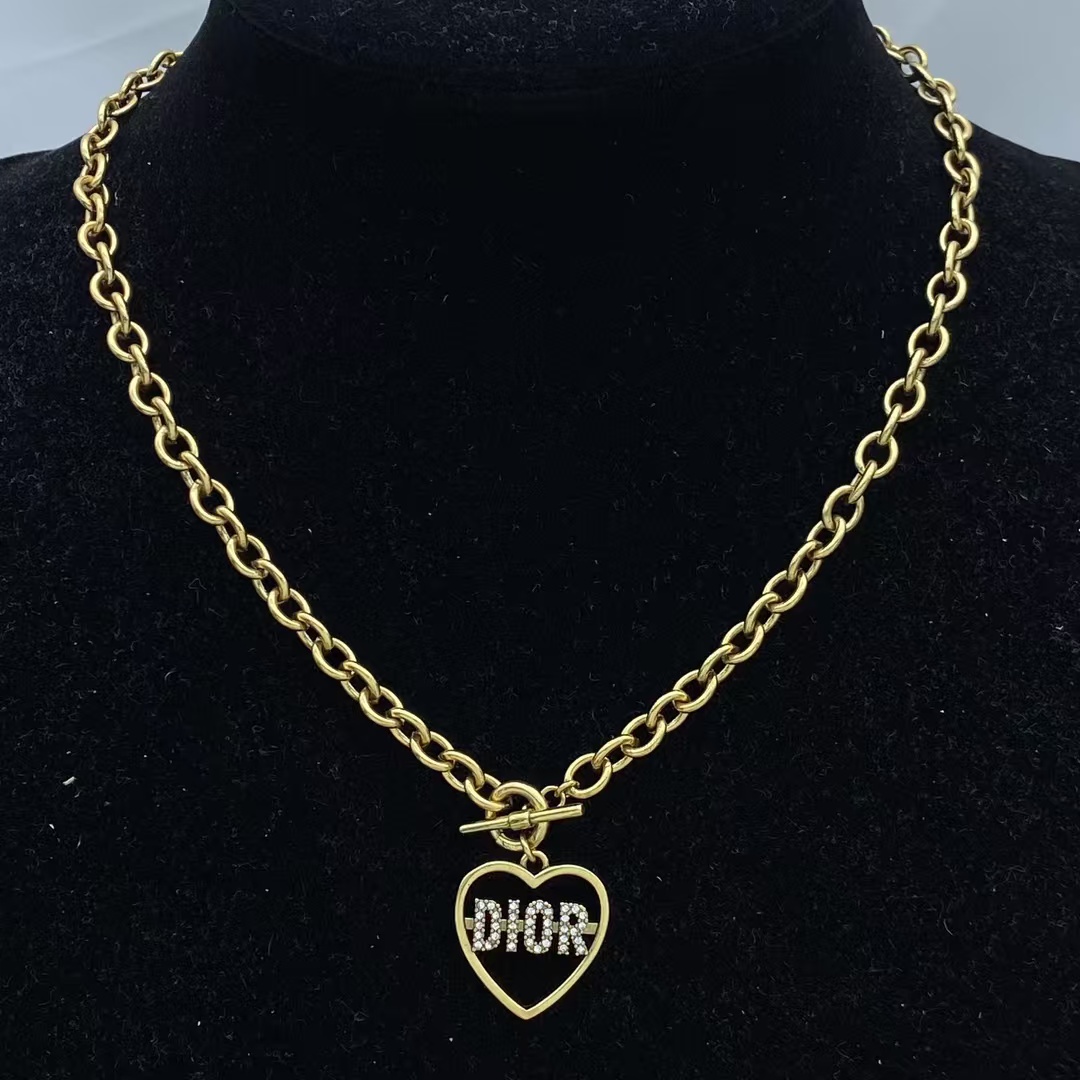 Dior Heart Pendant Chunky Cuban Gold Chain OT Clasp Necklace - Original Replica Club