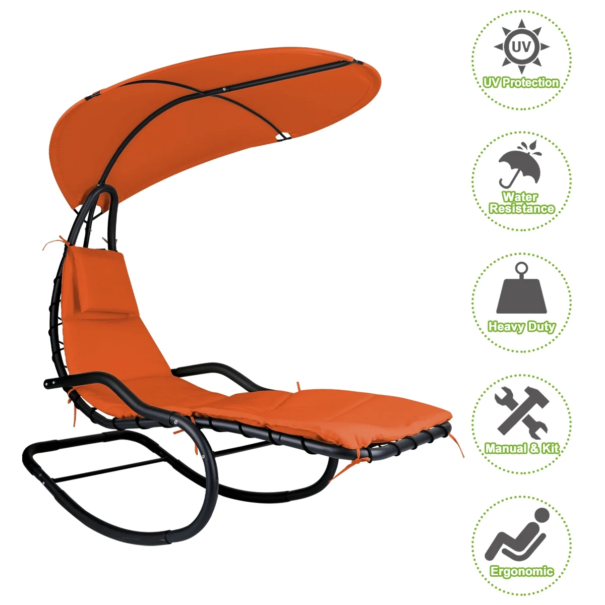 2X Rocking Hanging Lounge Chair - Curved Chaise Rocking Lounge Chair Swing For Backyard Patio w/ Built-in Pillow Removable Canopy with stand {Green} - Image 15