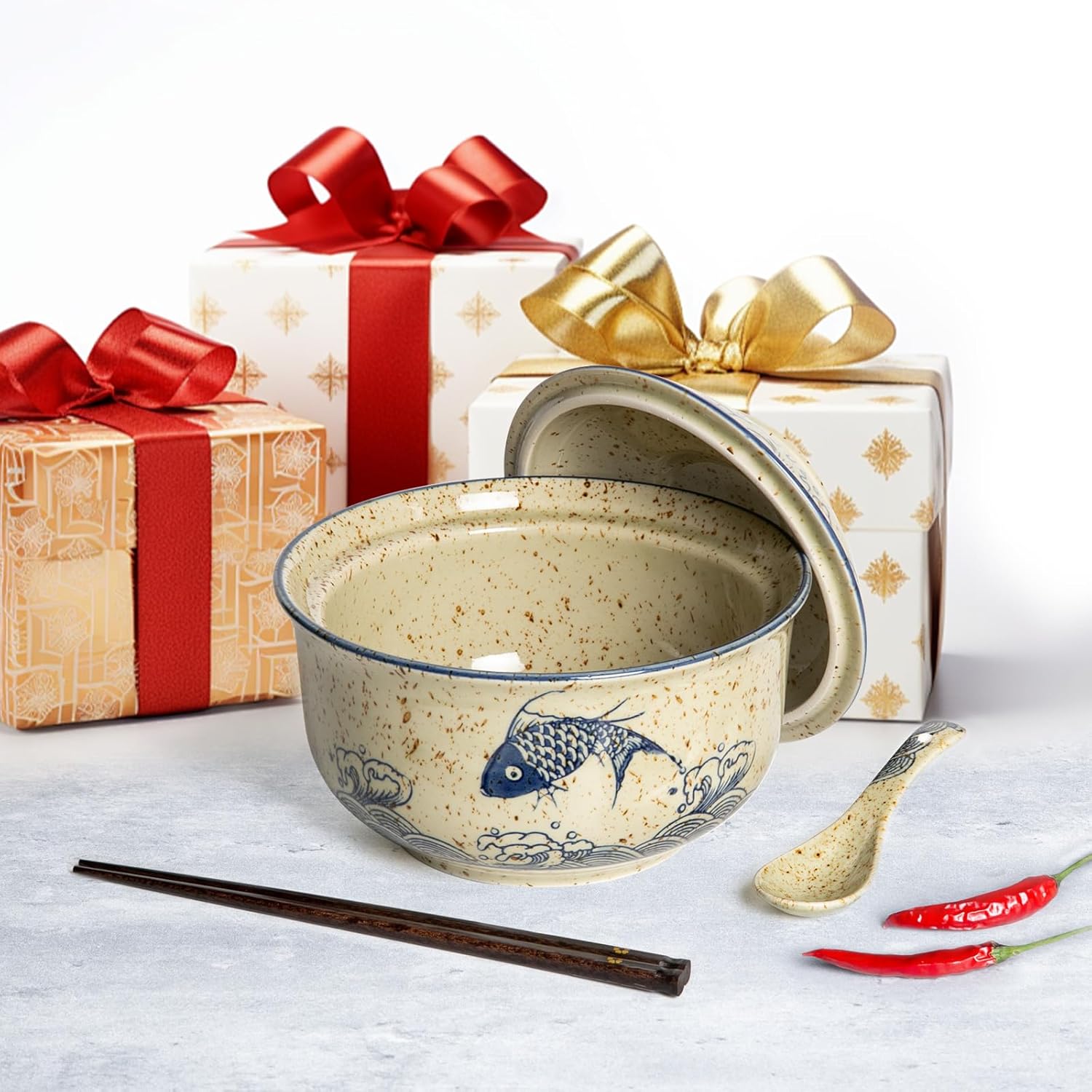 Ceramic Ramen Bowl Set of 2, Ramen Noodle Bowl with Lid 27oz Japanese Retro Style Soup, Pho, Udon Bowls, Matching Spoons and Chopsticks for Microwave & Dishwasher Safe, Fish