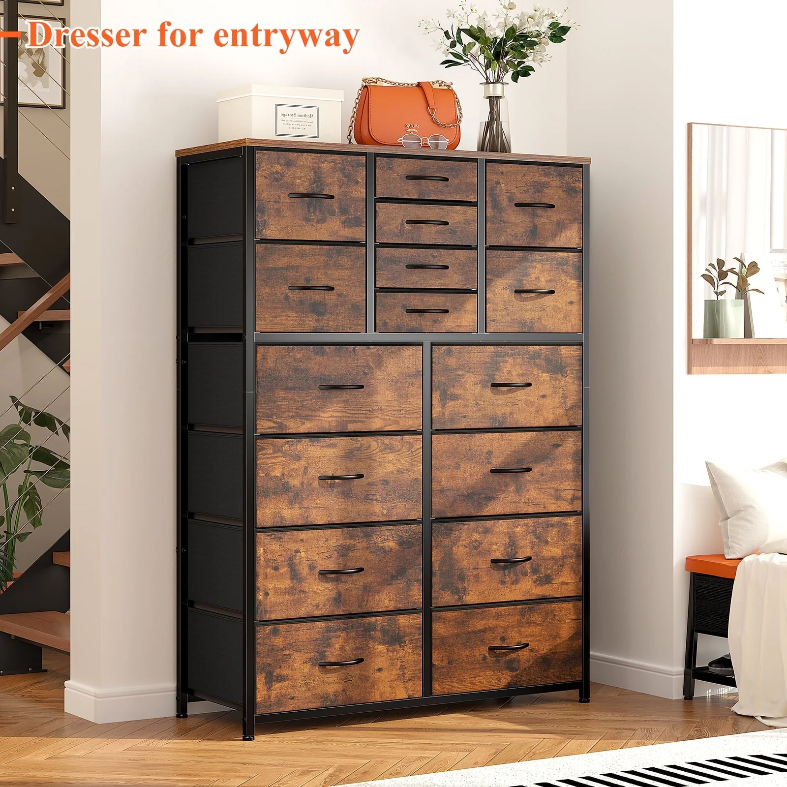 EnHomee Large Dresser for Bedroom Furniture Dresser with 16 Drawers Fabric Tall Dresser Closet Dresser Chest of Drawers Clothes Storage Slim for Living Room Office, Rustic Brown Wood Grain Print - Image 5
