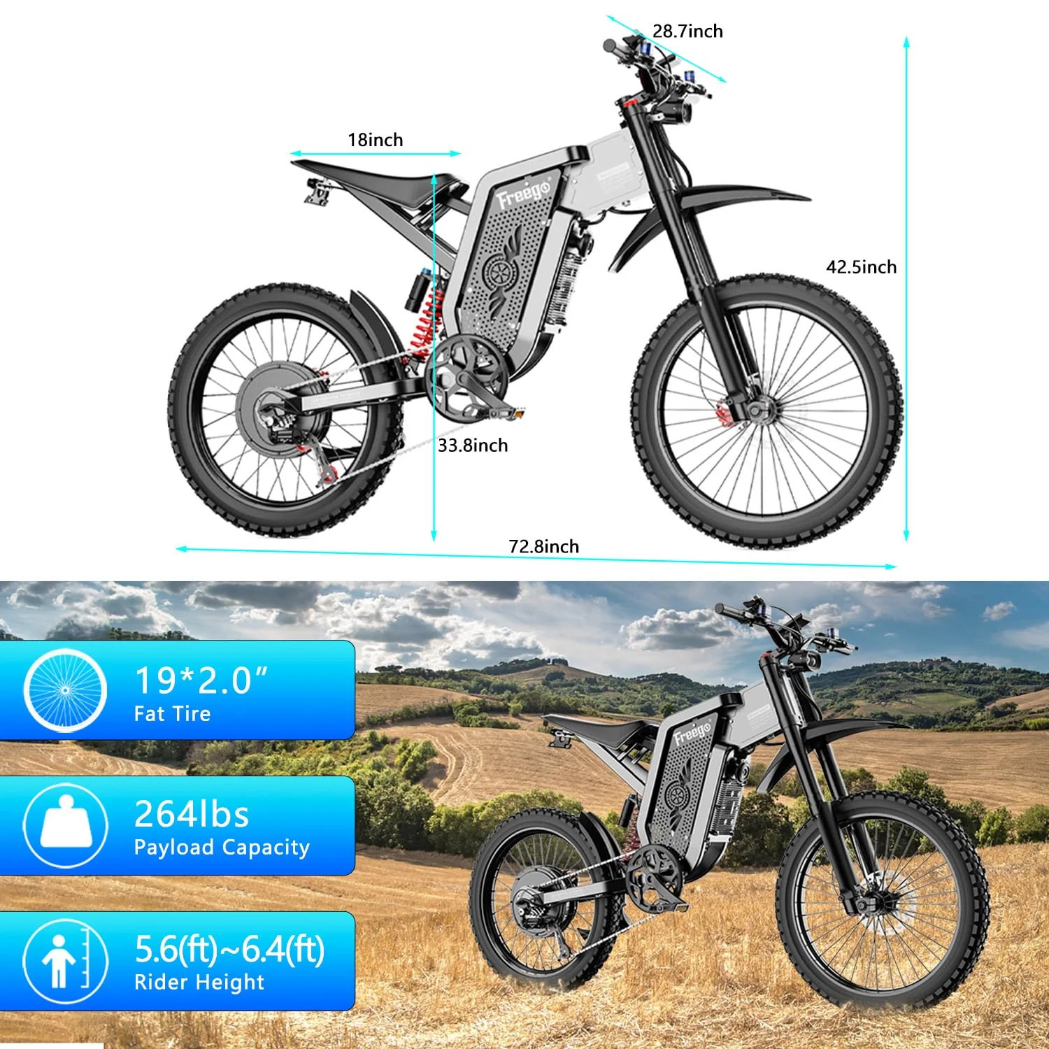 50MPH Electric Dirt Bicycle Freego X2 Pro,6000W(Peak)Motor Electric Motorcycle, Electric Bike for Adults, 60V30AH Battery, 19x2 Tire Full Suspension Hydraulic Brake Half Throttle UL2849 - Image 16