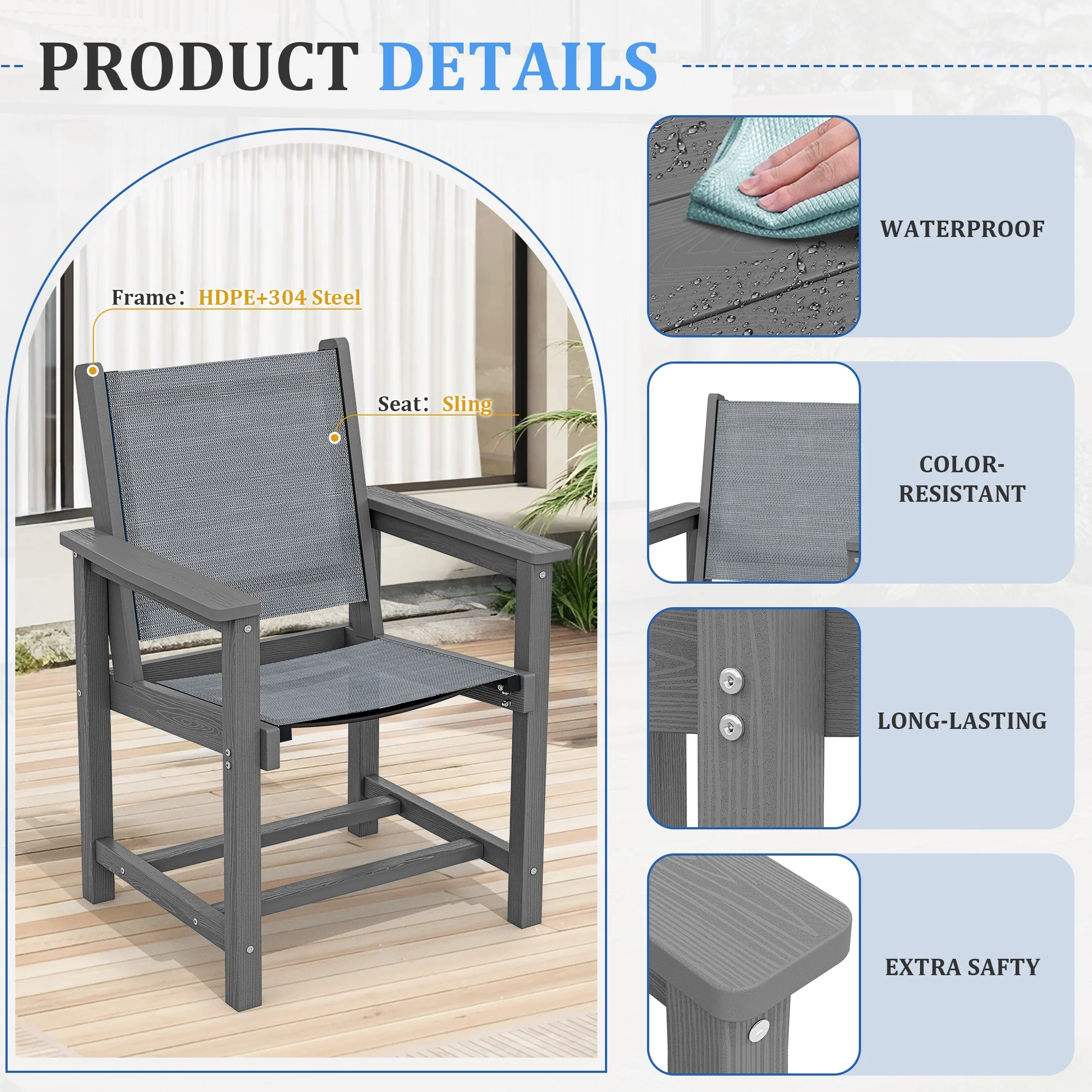 SERWALL Outdoor HDPE Dining Table Set, 7-Piece Outdoor Dining Table Sets with Umbrella Hole, Grey - Image 42