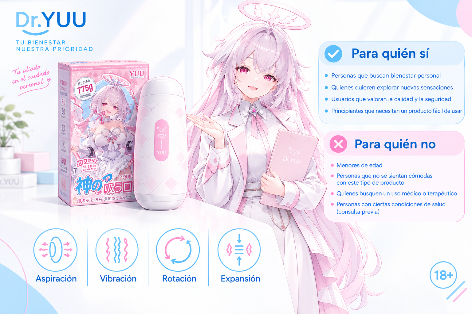 Producto, manual, lubricante a base de agua, toalla y jabón suave colocados antes del primer uso