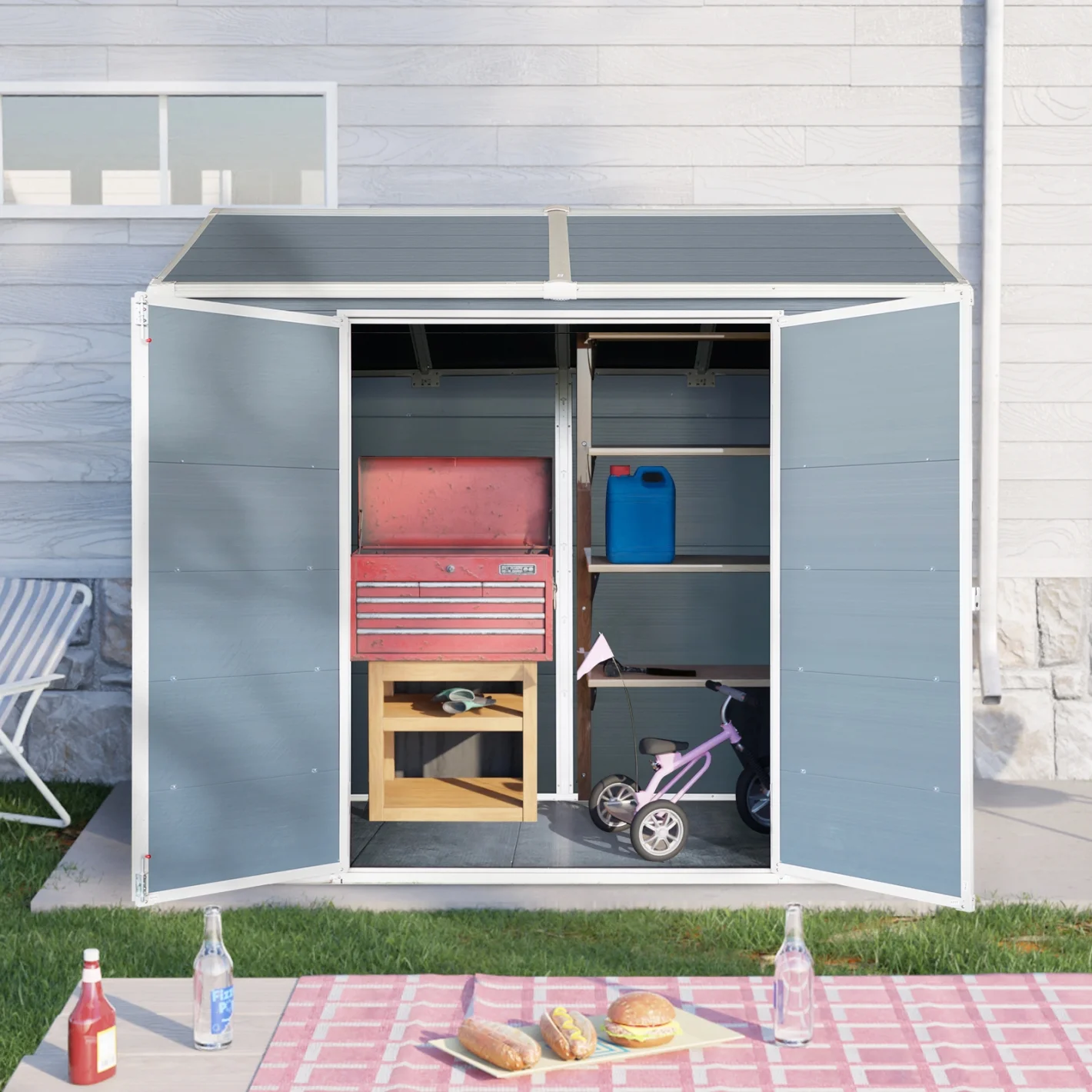 8x4 FT Outdoor Storage Shed with Floor, Resin Garden Sheds with Lockable Door, Vents & Windows, Weather Resistant Tool Shed with Sloped Roof for Backyard Patio, Grey - Image 5