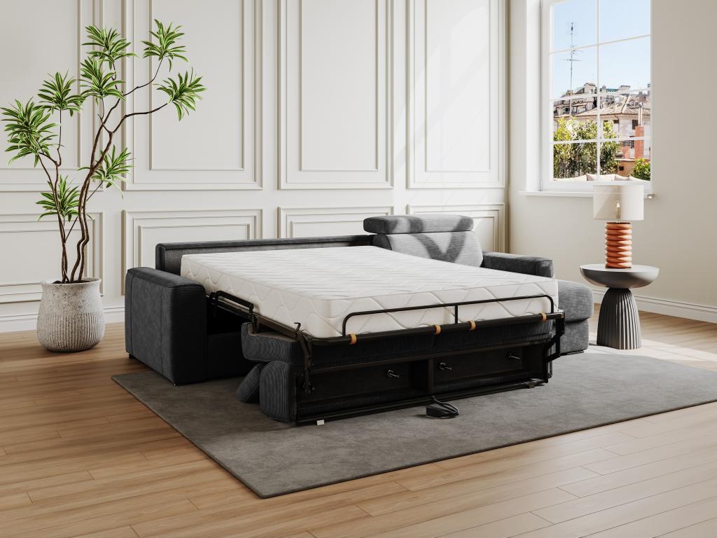Sofá cama esquinero reversible con apertura italiana de pana gris antracita - Cama de 160 cm - Colchón de 18 cm - VIZIR