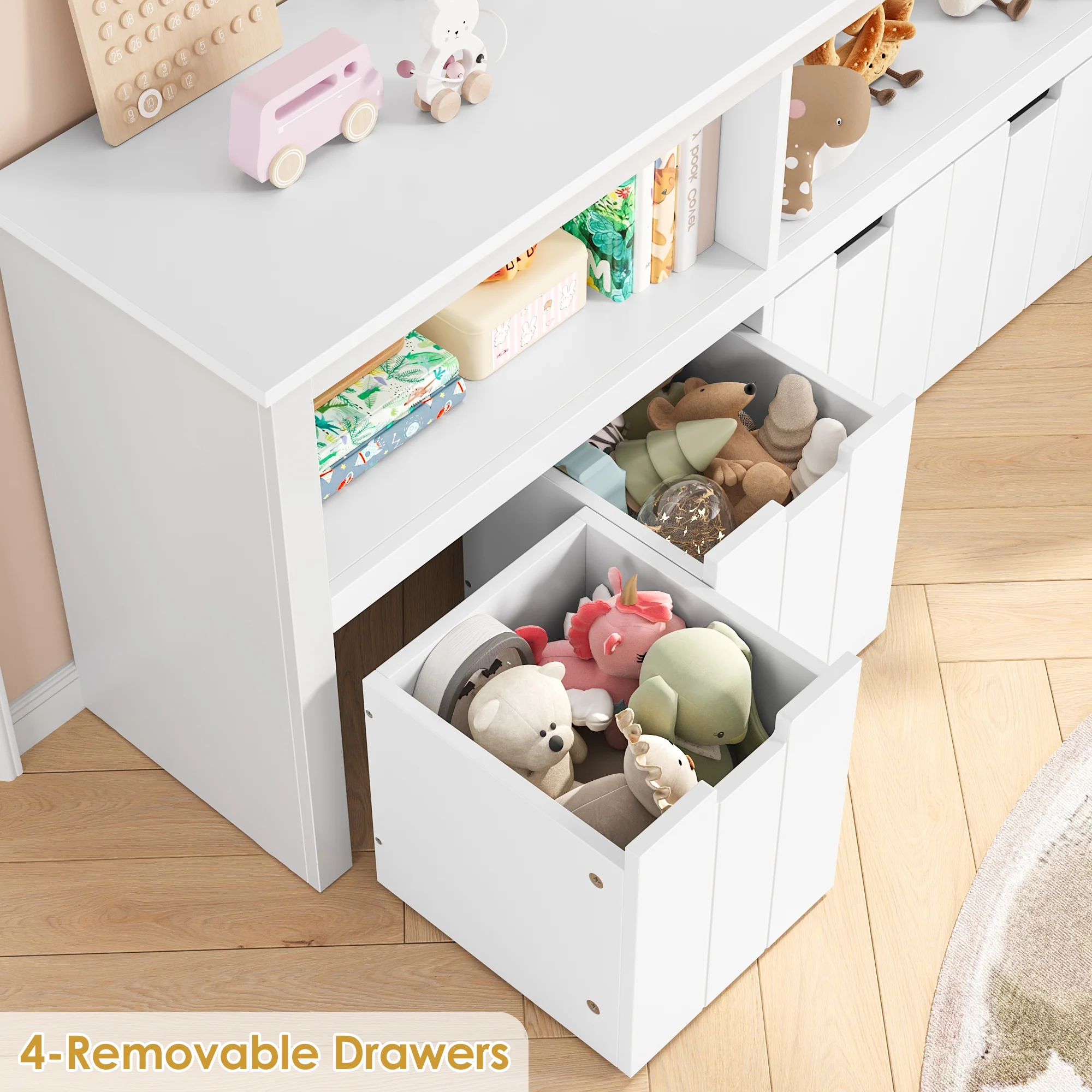Homfa Kids Toy Storage with 4 Drawers, Cubes Storage Bin with Shelves and Wheels for Kids Living Room, White - Image 2