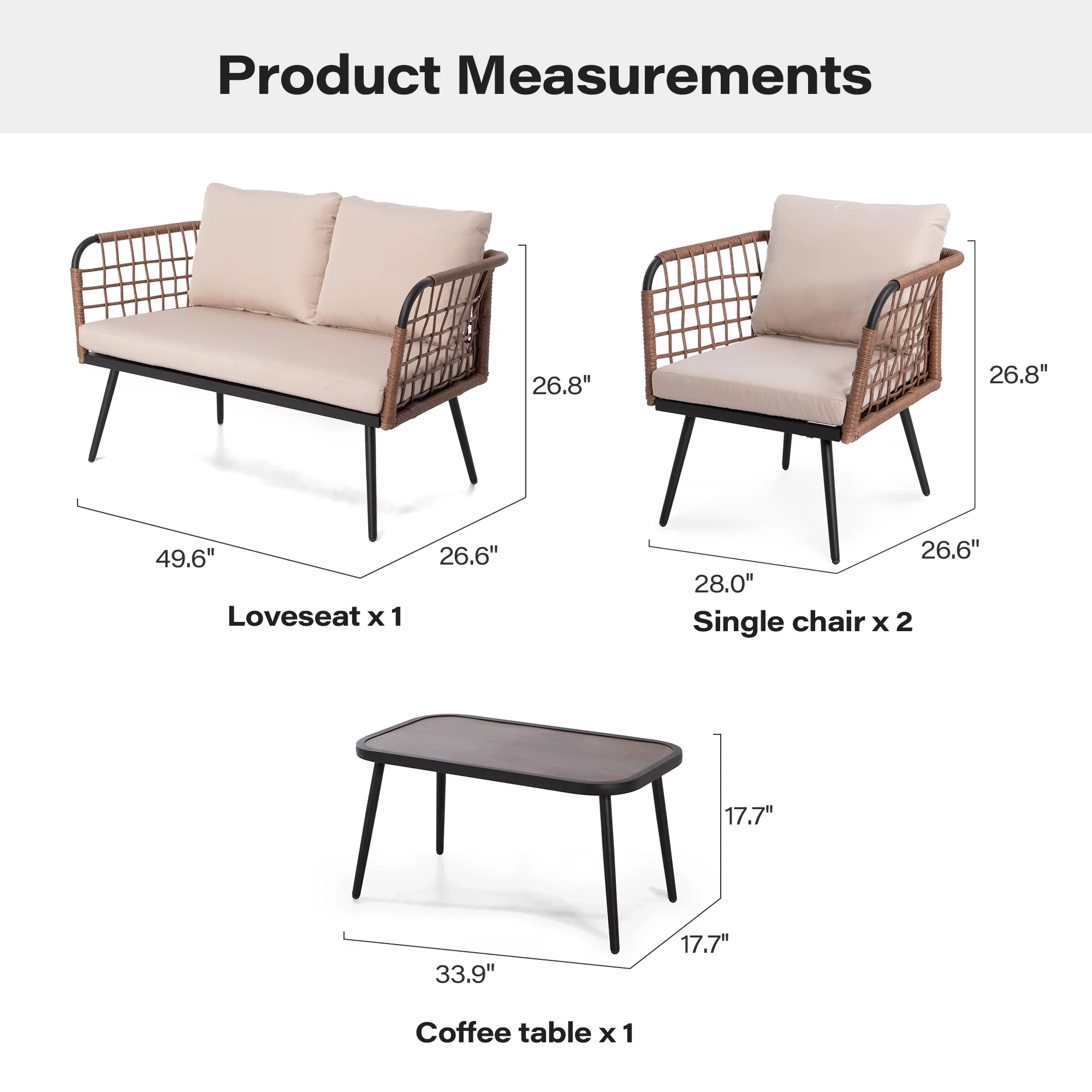 LAUSAINT HOME 4 Pieces Outdoor Conversation Sets, Patio Metal Frame Sofa with Wood Loveseat and Coffee Table, Beige Cushions - Image 8