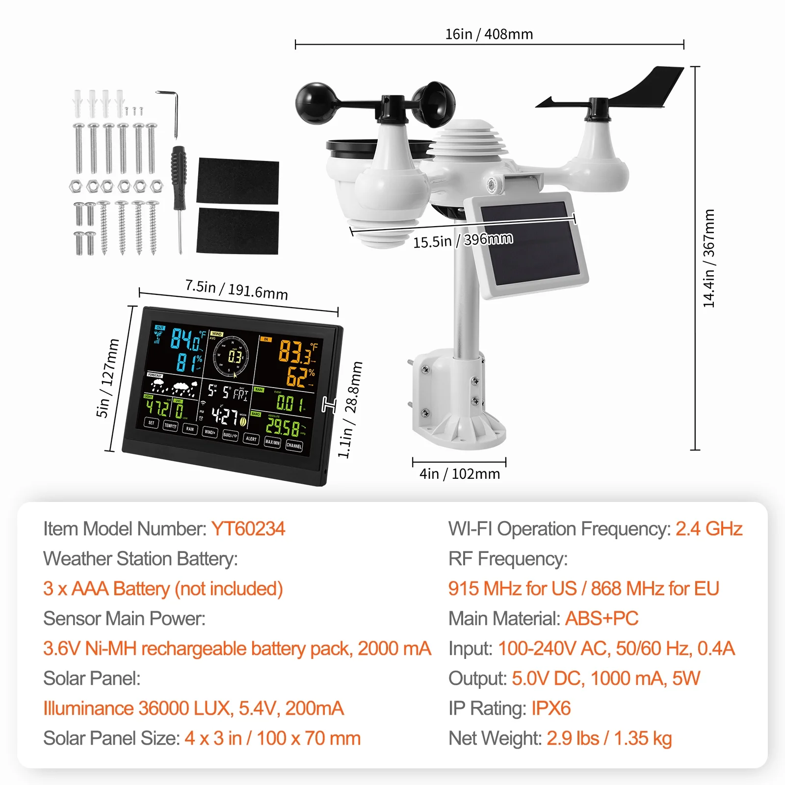 BENTISM 7 in 1 Wi-Fi Wireless Weather Station, for Indoor and Outdoor Temperature and Humidity, Wind Speed/Direction, Rainfall, with Built-in Barometer and 7.5in Digital Color Display - Image 7