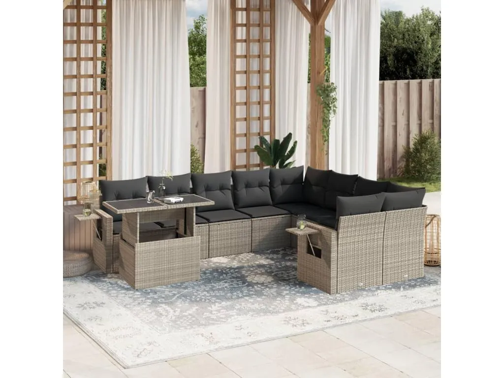 Set sofás jardín 10 pzas con cojines ratán sintético gris claro