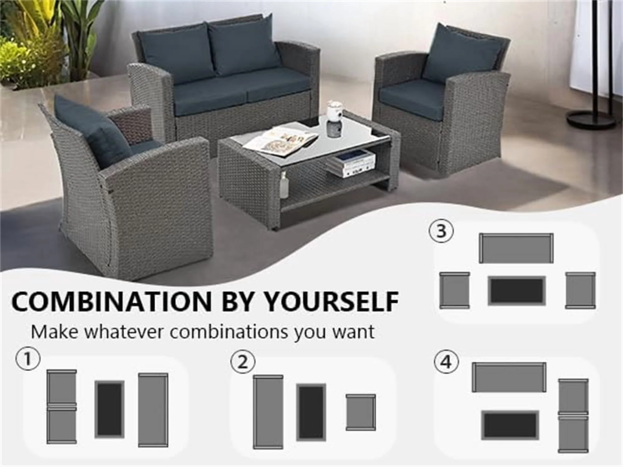 4 Pieces Patio Conversation Set, Outdoor Furniture Set with Cushion, Outside Sectional Rattan Wicker Sofa Furniture Set for Garden, Porch, Backyard, Gray - Image 2