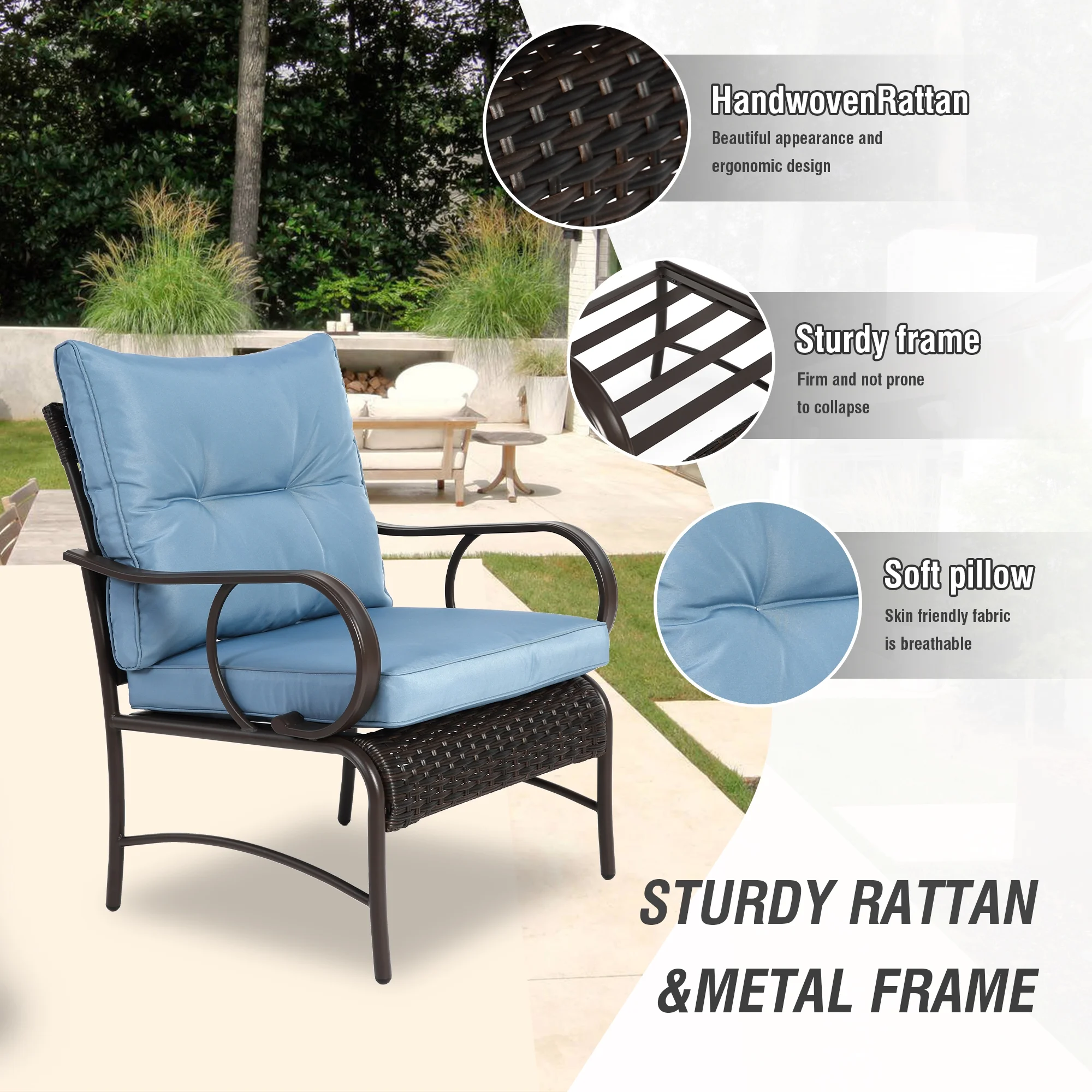 Villeston 3 Piece Outdoor Wicker Conversation Patio Set, with 2 Chairs, Table for Porch Garden,Blue - Image 4