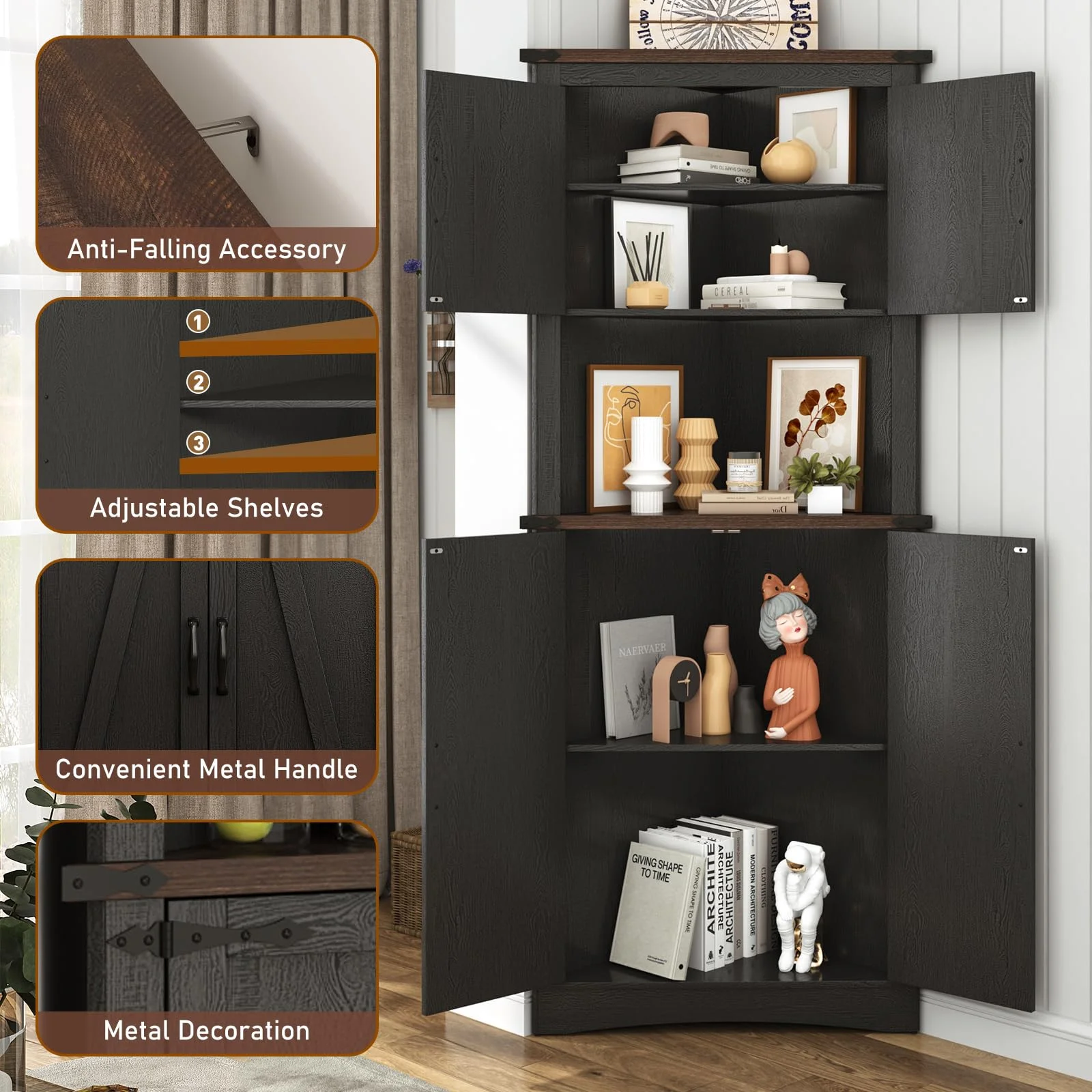 Blotout 68" Tall Farmhouse Corner Cabinet with 4 Doors, 28.3" W Barn Door Storage Cabinet with Adjustable Shelves, 5 Tier Corner Storage Cabinet for Bathroom,Living Room,Kitchen - Image 27