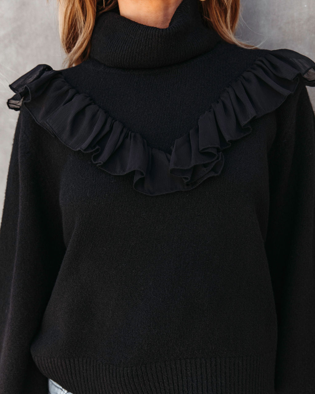 Lyric Ruffle Crop Turtleneck Sweater - Black - SALE - Se7enfashion
