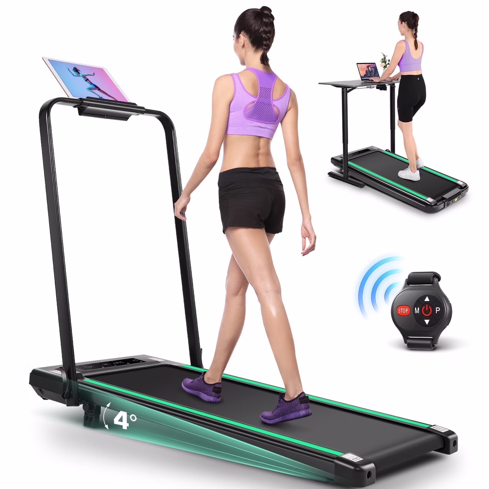 2 in 1 Walking Pad Treadmill with Incline, 2.5HP Under Desk Treadmill with Handle Remote Control LED Touch Screen for Home Office Workout, 300 lb Weight Capacity Black Green(A-98-BK)