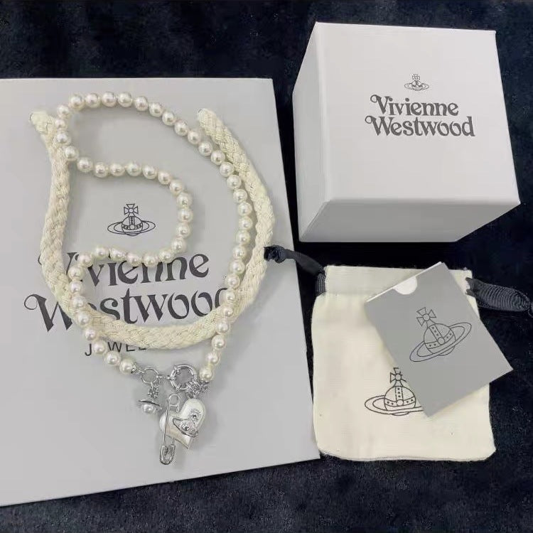 Vivienne Westwood Heart Paperclip Saturn Pearl Necklace - Original Replica Club