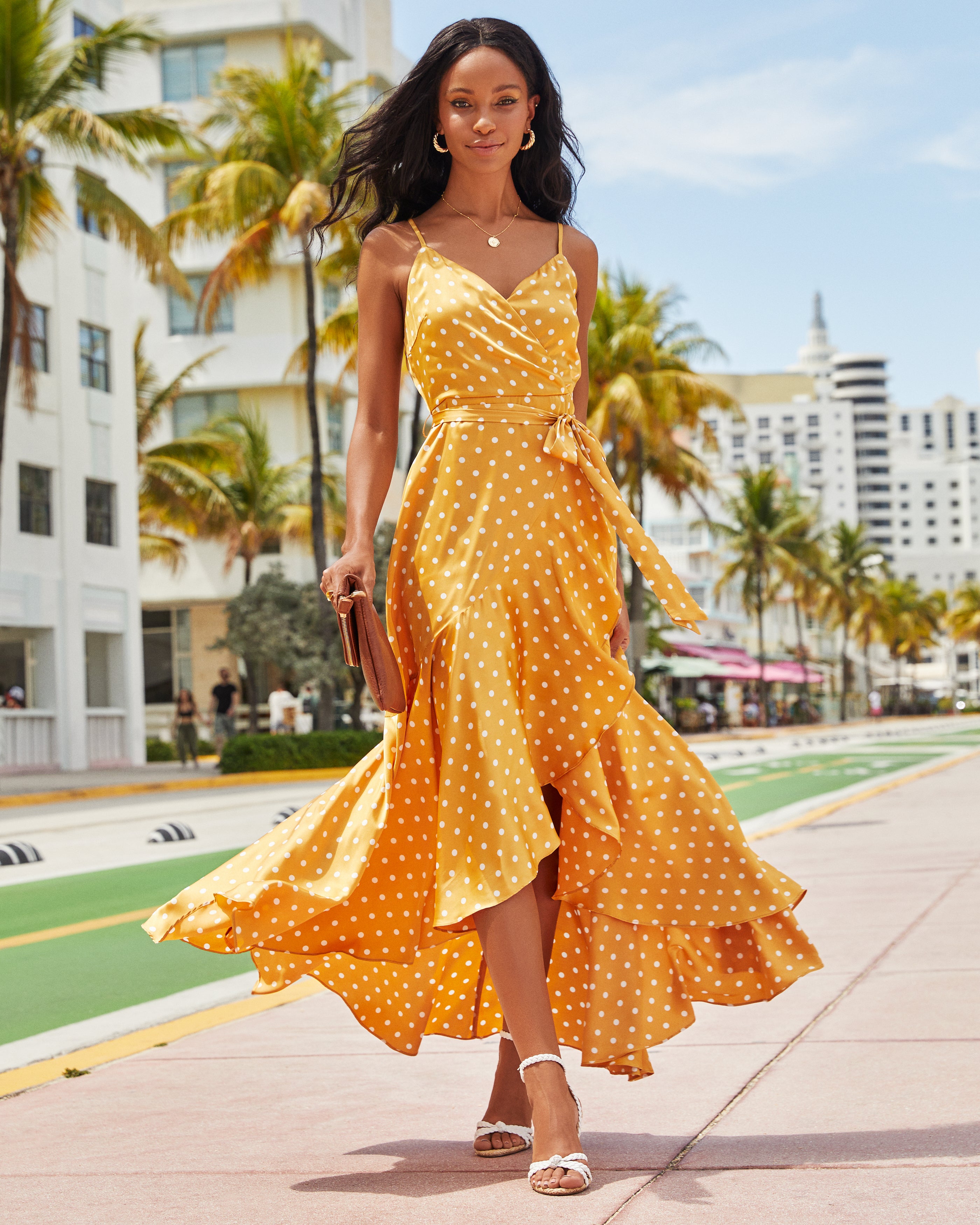 Claribella Satin Polka Dot High Low Maxi Dress - Mustard - FINAL SALE - Se7enfashion