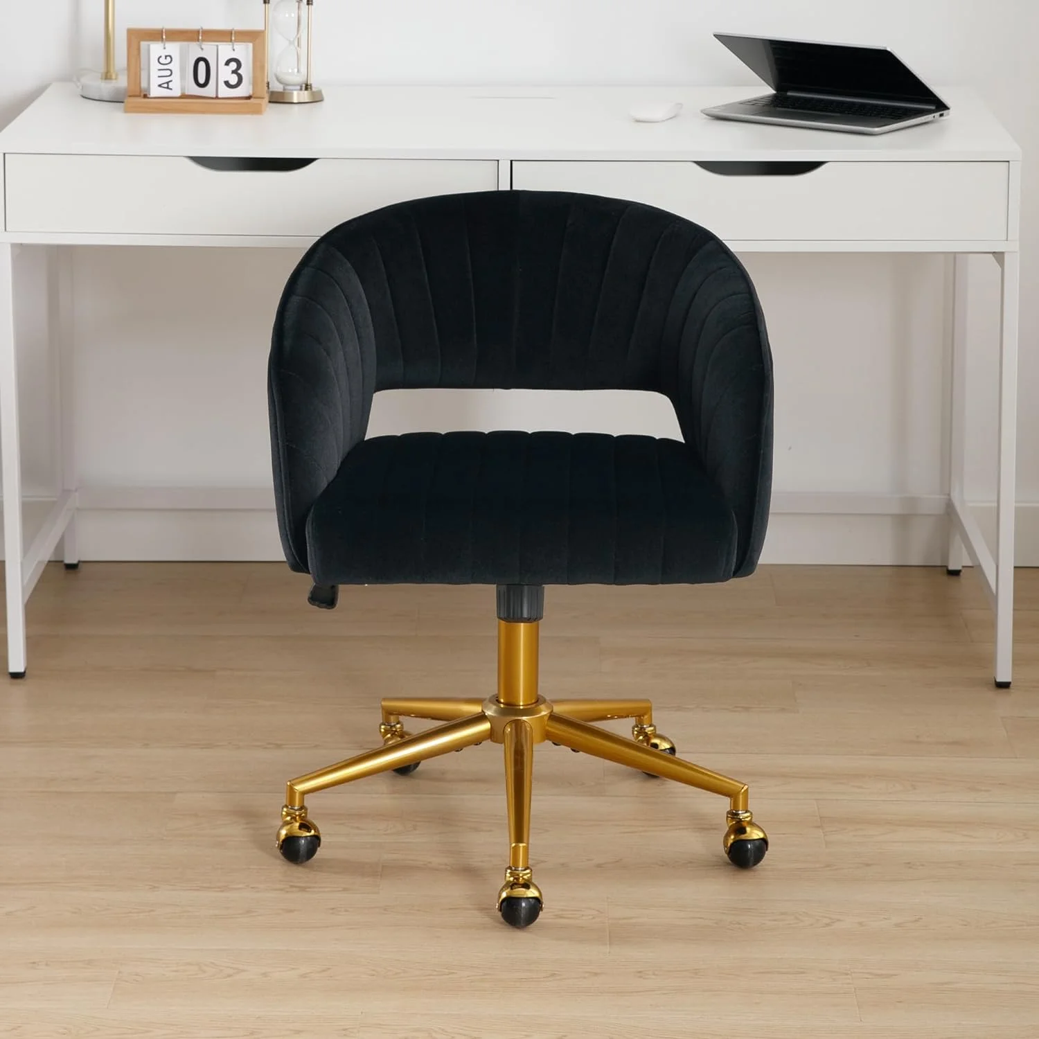Westice Home Office Desk Chairs, Velvet Task Chair, Height Adjustable Swivel Vanity Chair with Golden Base for Vanity Study, Living Room Computer Room, Beige - Image 50