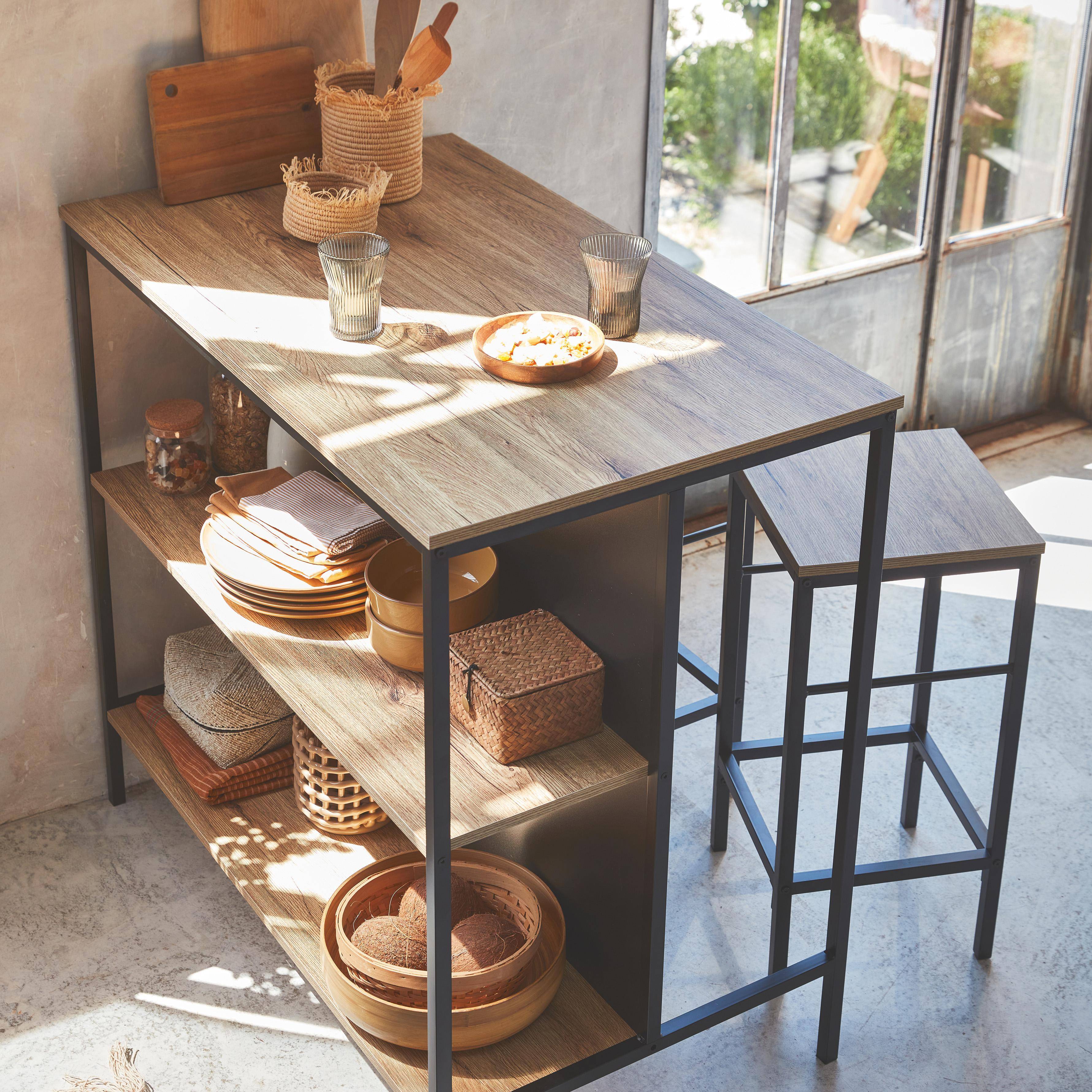 Loft - Mesa alta de madera y metal, 2 estantes, 2 taburetes