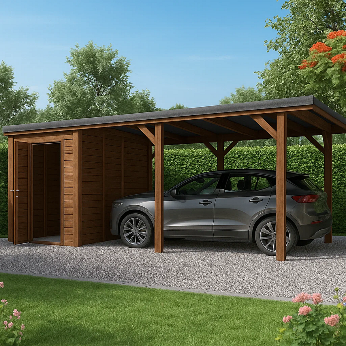 Cochera de madera con cobertizo lateral 5x3,6x2,4 m – Aparcamiento Cubierto para 1 Coche – Estructura Robusta