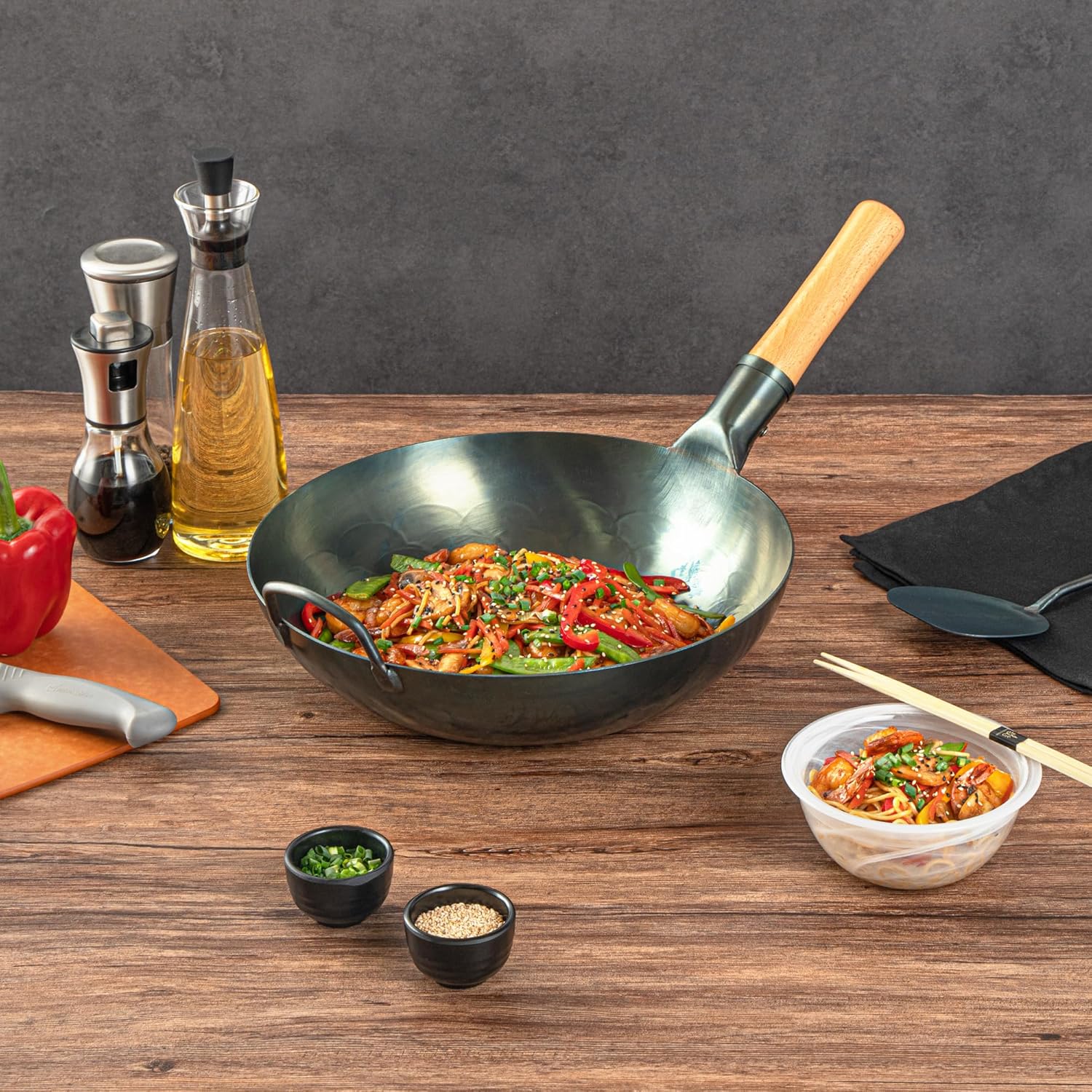 Restaurantware Carbon Steel Wok 1 Pack of 12 Inch Heavy-Duty Stir Fry Pan Blue Hand Hammered Wok Efficient Maneuvering Steel Helper Handle Uniform Heat Distribution Asian Cooking