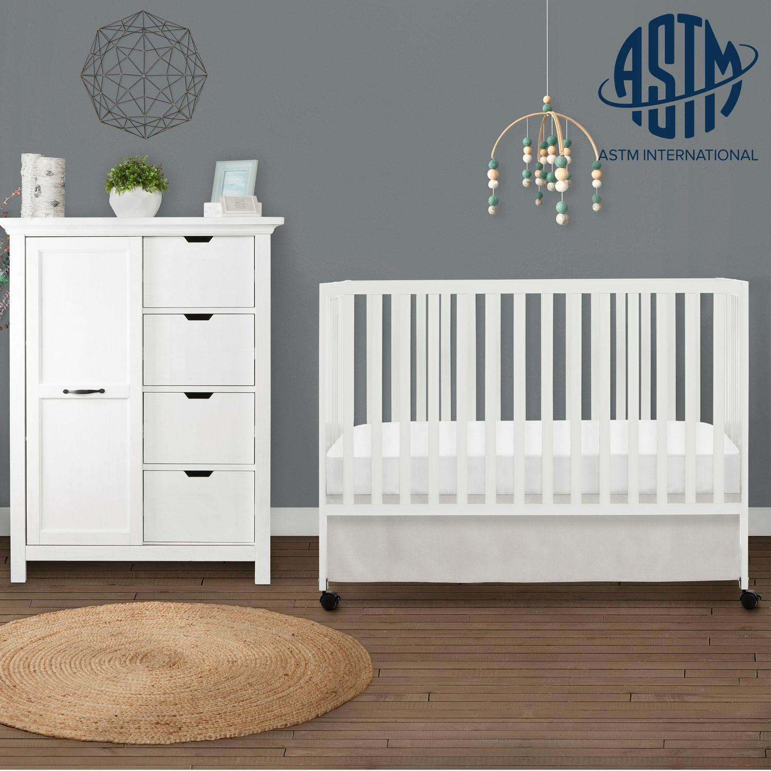 Dream On Me Quinn Full-Size Folding Crib. Removable Wheels. Modern Nursey. Adjustable Mattress Support. Patent Folding System in White - Image 2