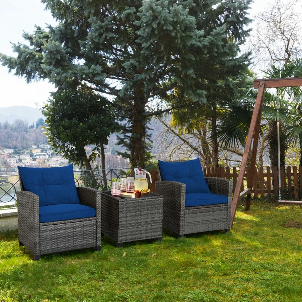 Kadyn Outdoor Seating Sets,Garden Conversation Sets,3 Pieces Outdoor Wicker Conversation Set with Tempered Glass Tabletop-Navy - Image 3