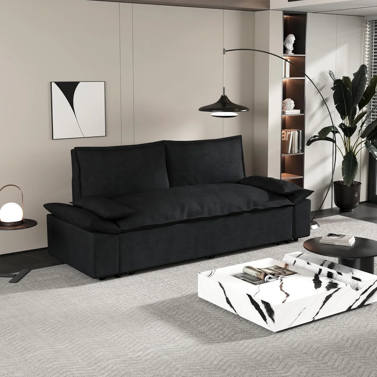 Tabaray 63.8" Futon Sofa Bed Queen Size, Pull Out Bed, 3-in-1 Convertible Sleeper Sofa with Side Pocket, Modern Plush Velvet Futon Couch for Living Room, Small Space, Apartment, Bedroom, Black - Image 53
