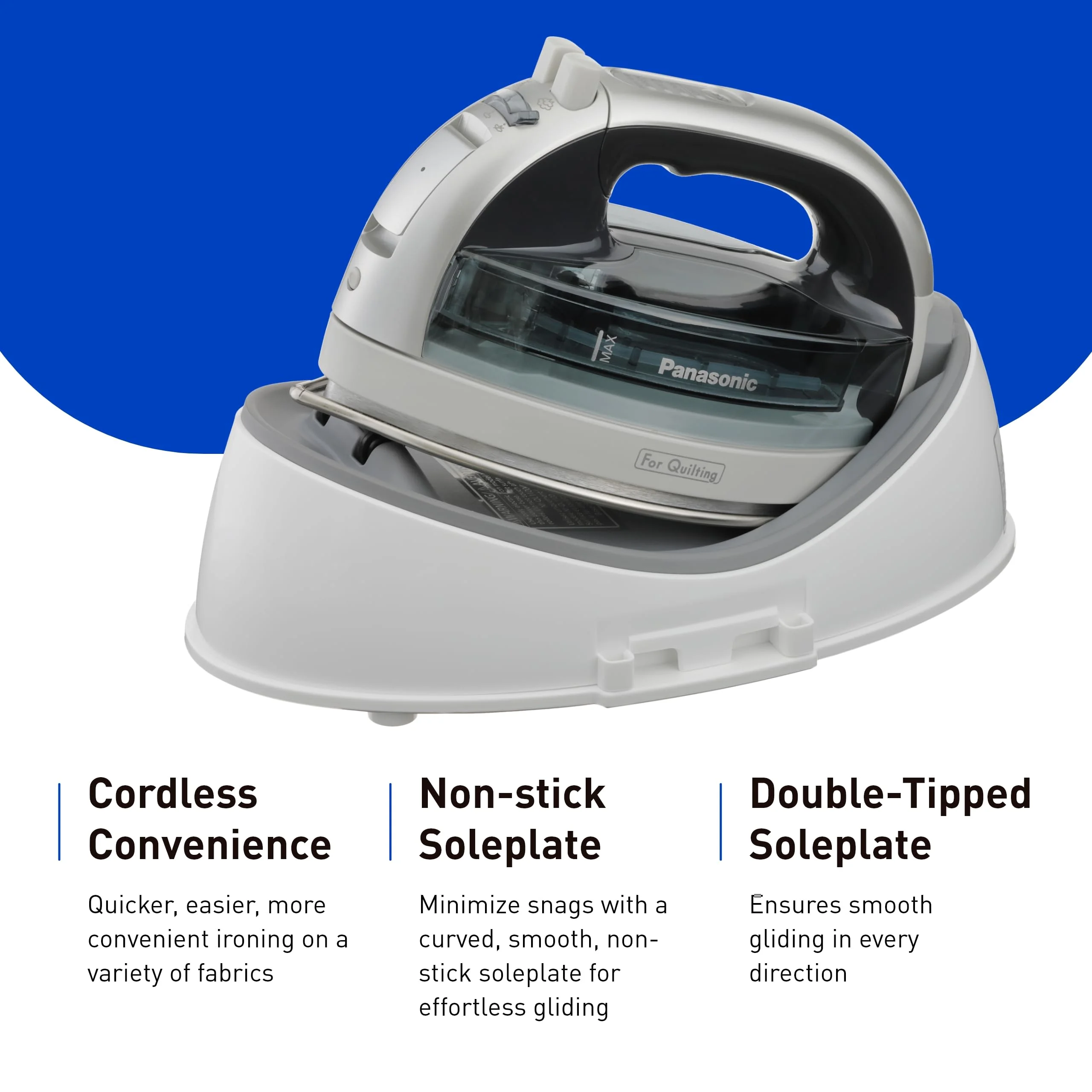 Panasonic Cordless Iron, Portable 360-Degree Freestyle Dry/Steam Iron with Precision Tips and Stainless Steel Soleplate, Anti-Calc and Anti-Drip, Power Base and Carrying/Storage - NI-QL1100L (Silver) - Image 3