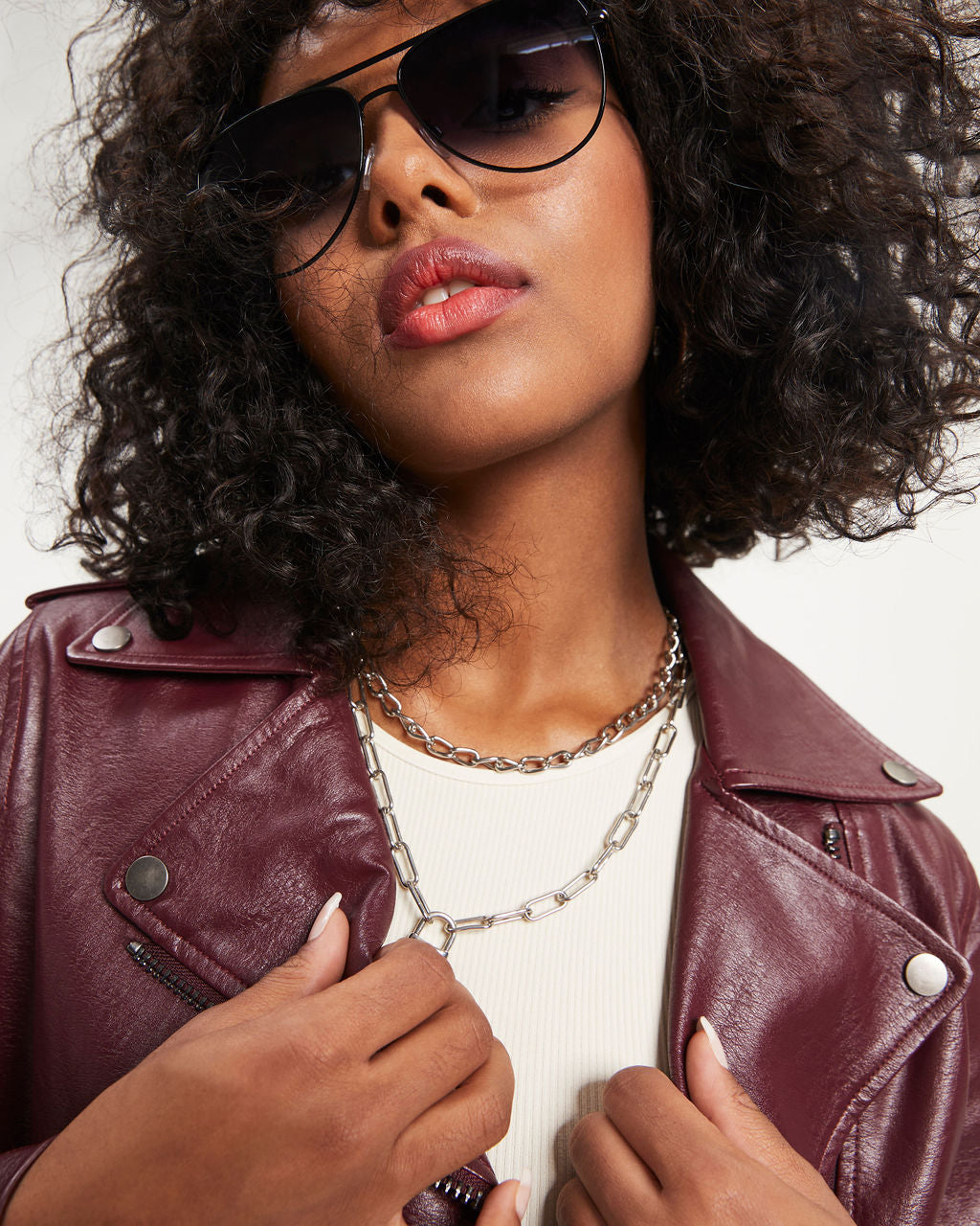 Jingle Bell Rock Pocketed Faux Leather Biker Jacket - Wine - Se7enfashion