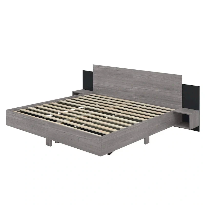 Modern King Size Wooden Floating Bed Frame with Nightstand and LED - Slatted Support Design