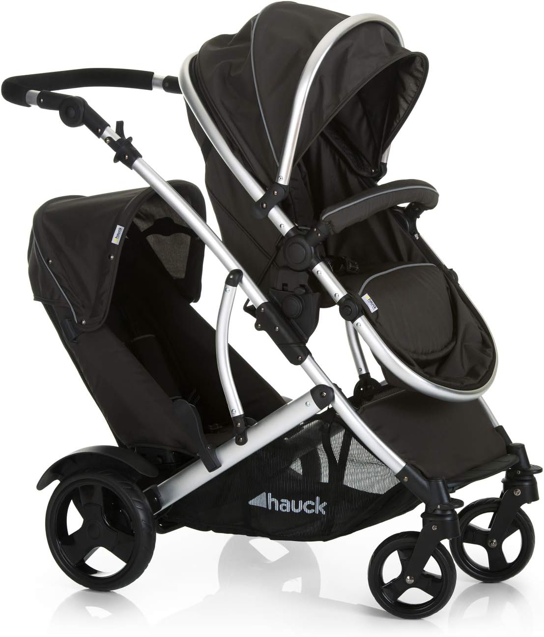 hauck Duett 2 Carro Gemelar, Silla de Paseo Gemelar Reversible, Cochecito Gemelar Bebe, Manillar Ajustable, Protector de Lluvia Incluido, Black Forest