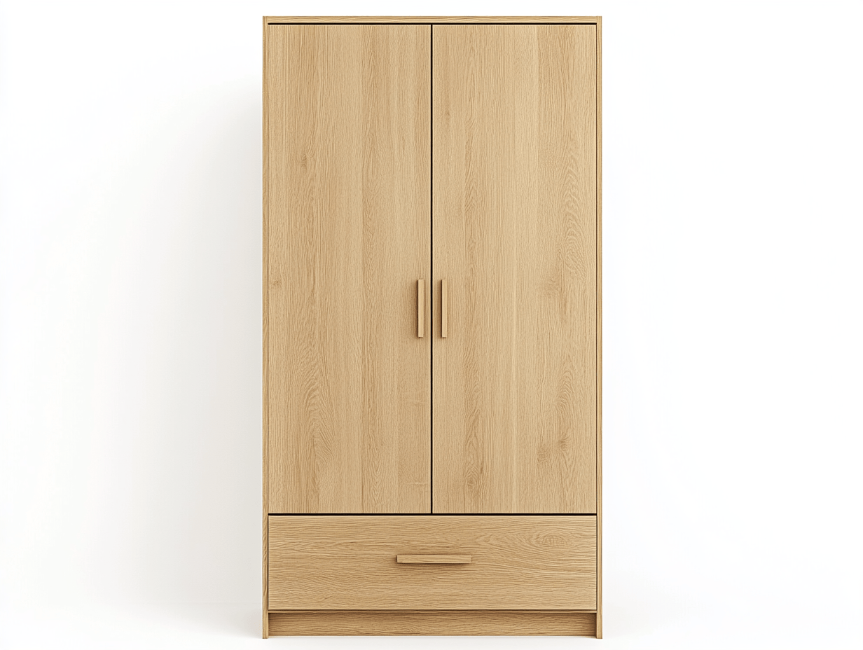 Armario de madera clara con dos puertas y un cajón