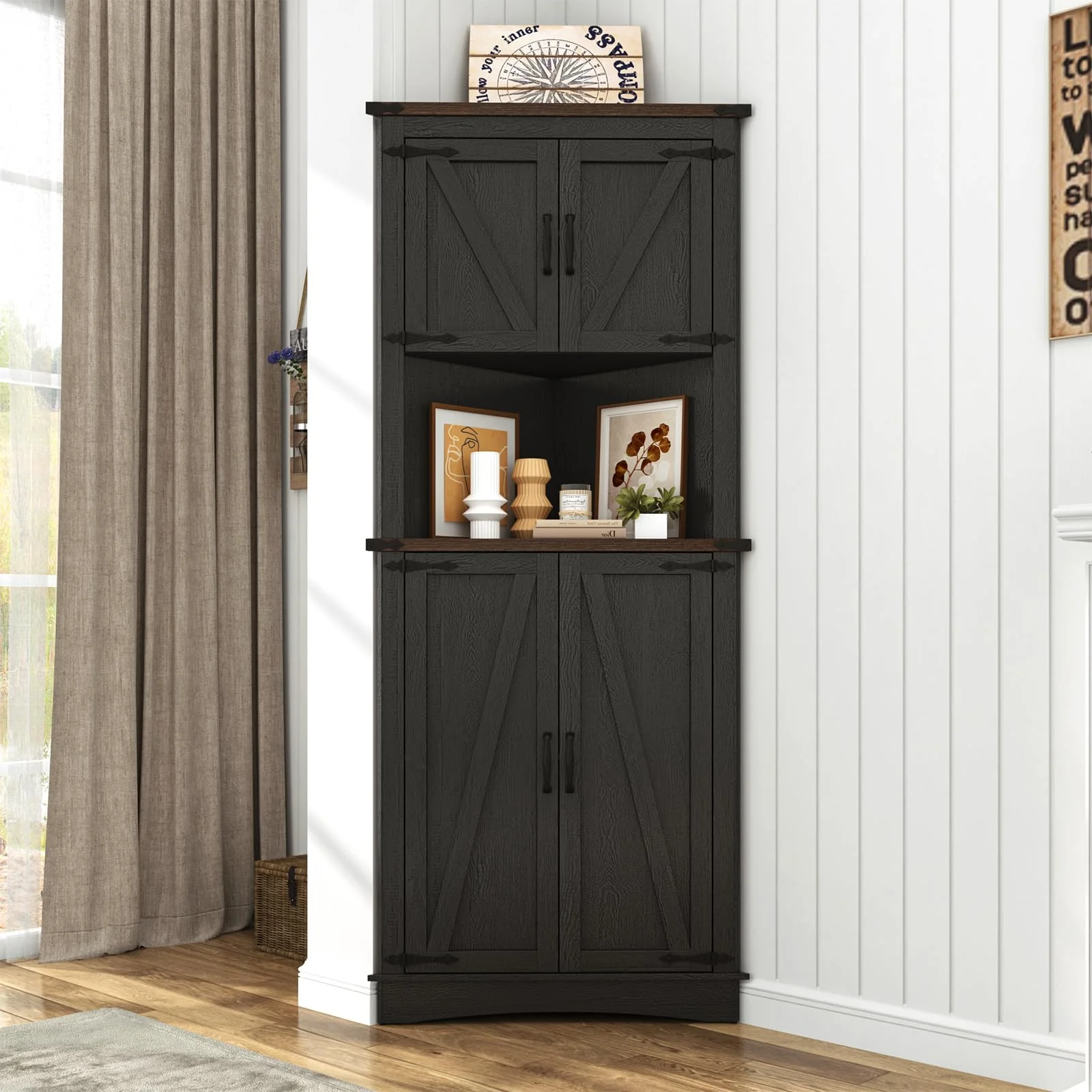 Blotout 68" Tall Farmhouse Corner Cabinet with 4 Doors, 28.3" W Barn Door Storage Cabinet with Adjustable Shelves, 5 Tier Corner Storage Cabinet for Bathroom,Living Room,Kitchen - Image 29