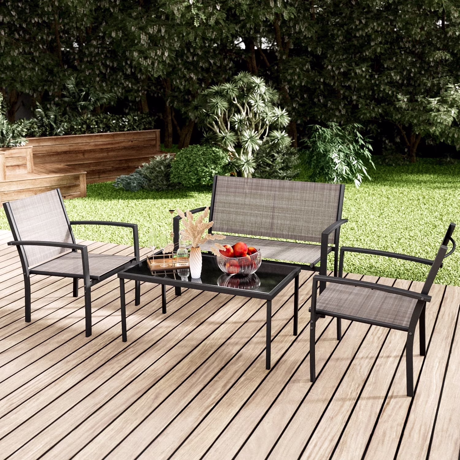 LACOO 4 Pieces Outdoor Furniture Set Patio Textilene Steel Conversation Set with Loveseat Tea Table for Lawn and Balcony, Black - Image 7