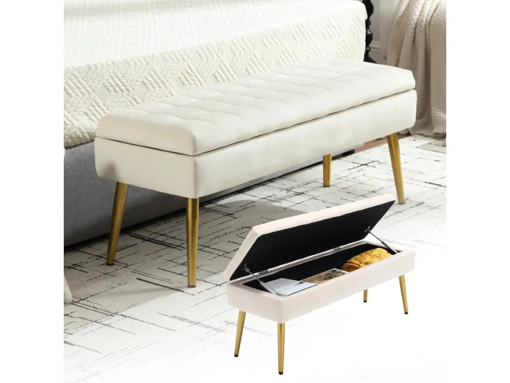 Banco de almacenaje terciopelo beige Nidovia patas de metal 111x35x44,5 cm owv3586243