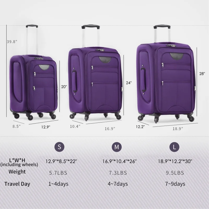 Softside Luggage Expandable 3 Piece Set Suitcase Upright Spinner Softshell Lightweight Luggage Travel Set - Image 6